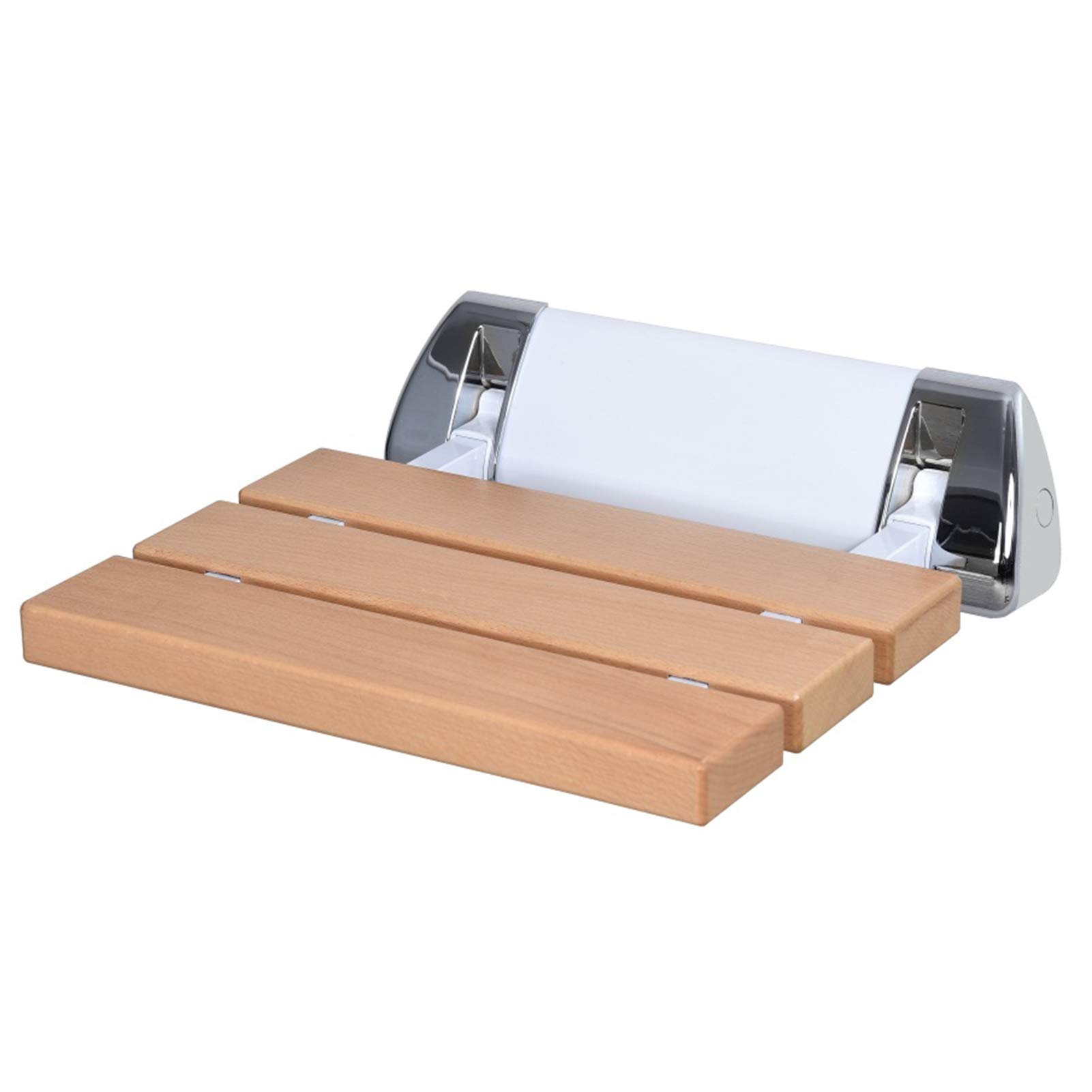 Wall-Mounted Drop-Leaf Folding Shower Stool - Non-Slip Wooden Bath Bench with Chrome Base - Perfect for Small Bathrooms, Elderly Safety & Spa Relaxation