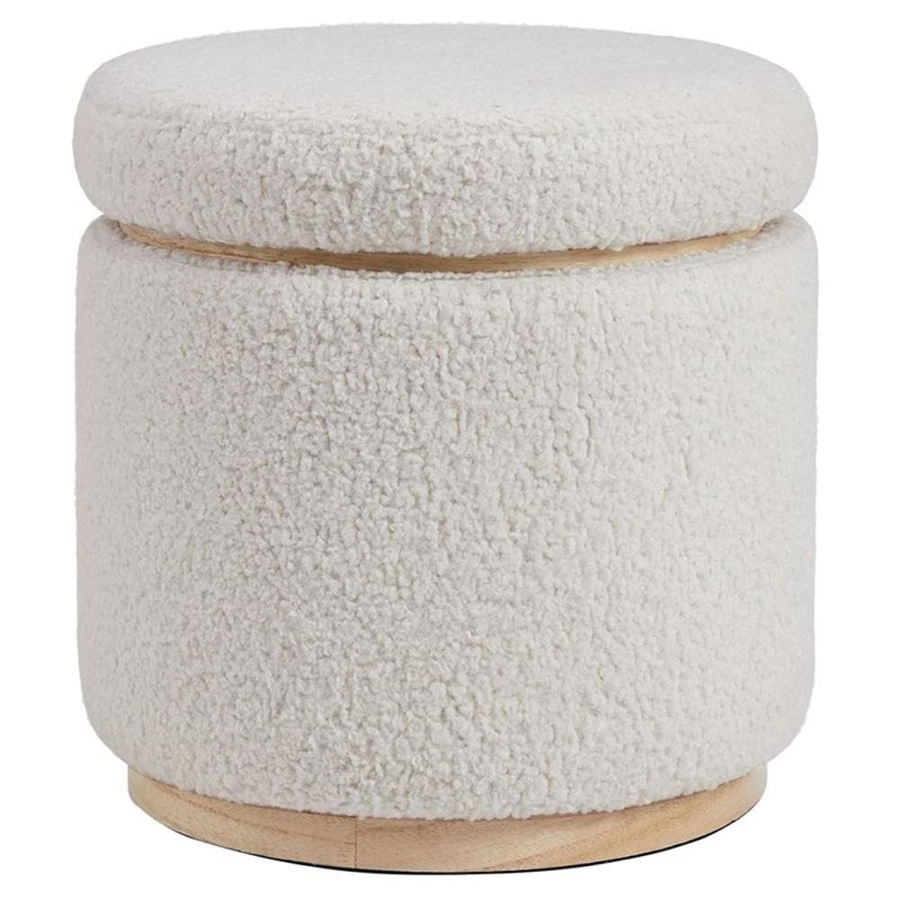 Linon Hawn Round Padded Storage Ottoman with Light Wood Trim - Natural Sherpa Fabric Upholstered Footrest Stool for Living Room, Bedroom & Home Decor