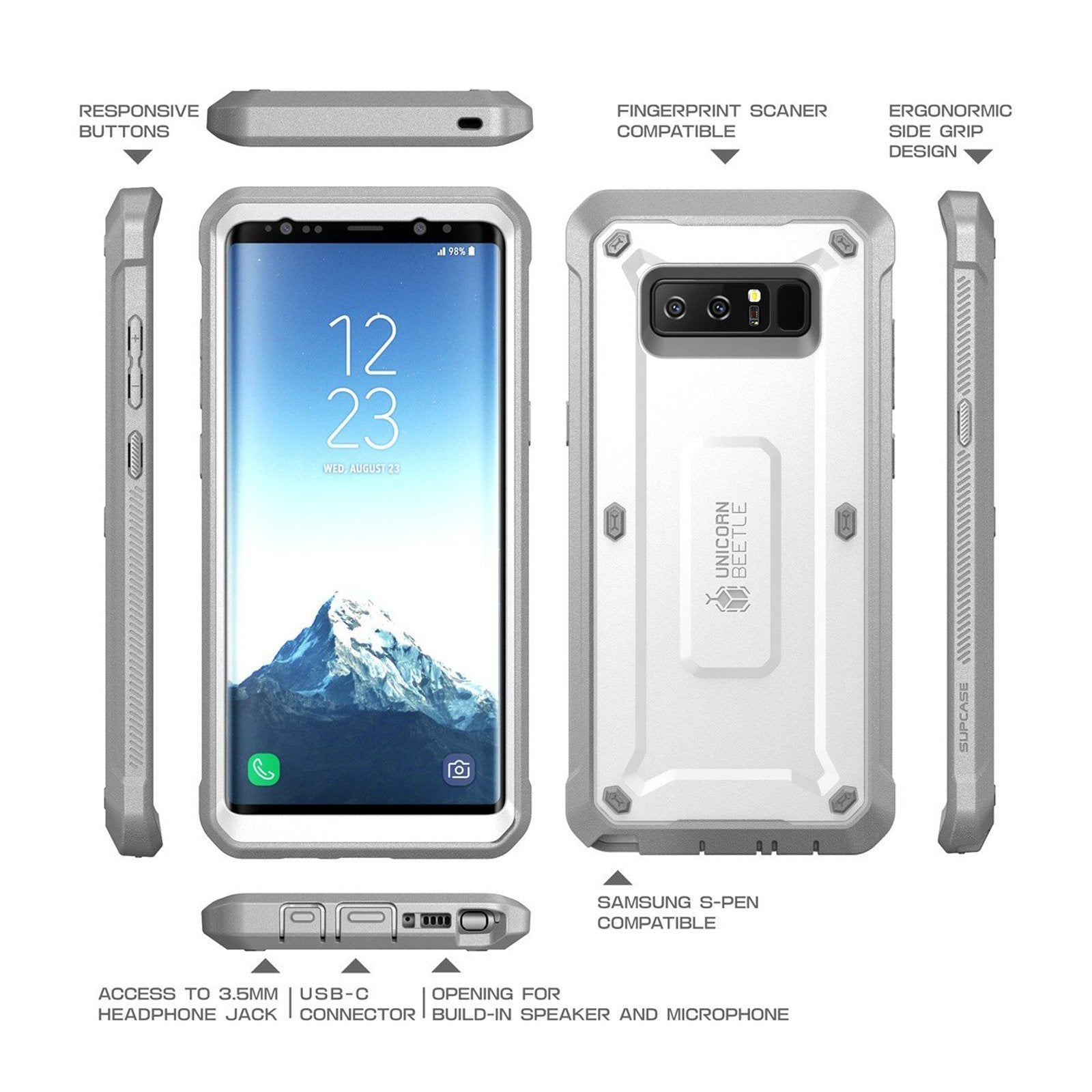 Samsung Galaxy Note 8 Unicorn Beetle Pro Full-Body Rugged Holster Case - Shockproof Protective Cover with Built-in Screen Protector - Perfect for Outdoor, Construction & Extreme Sports Use (White)