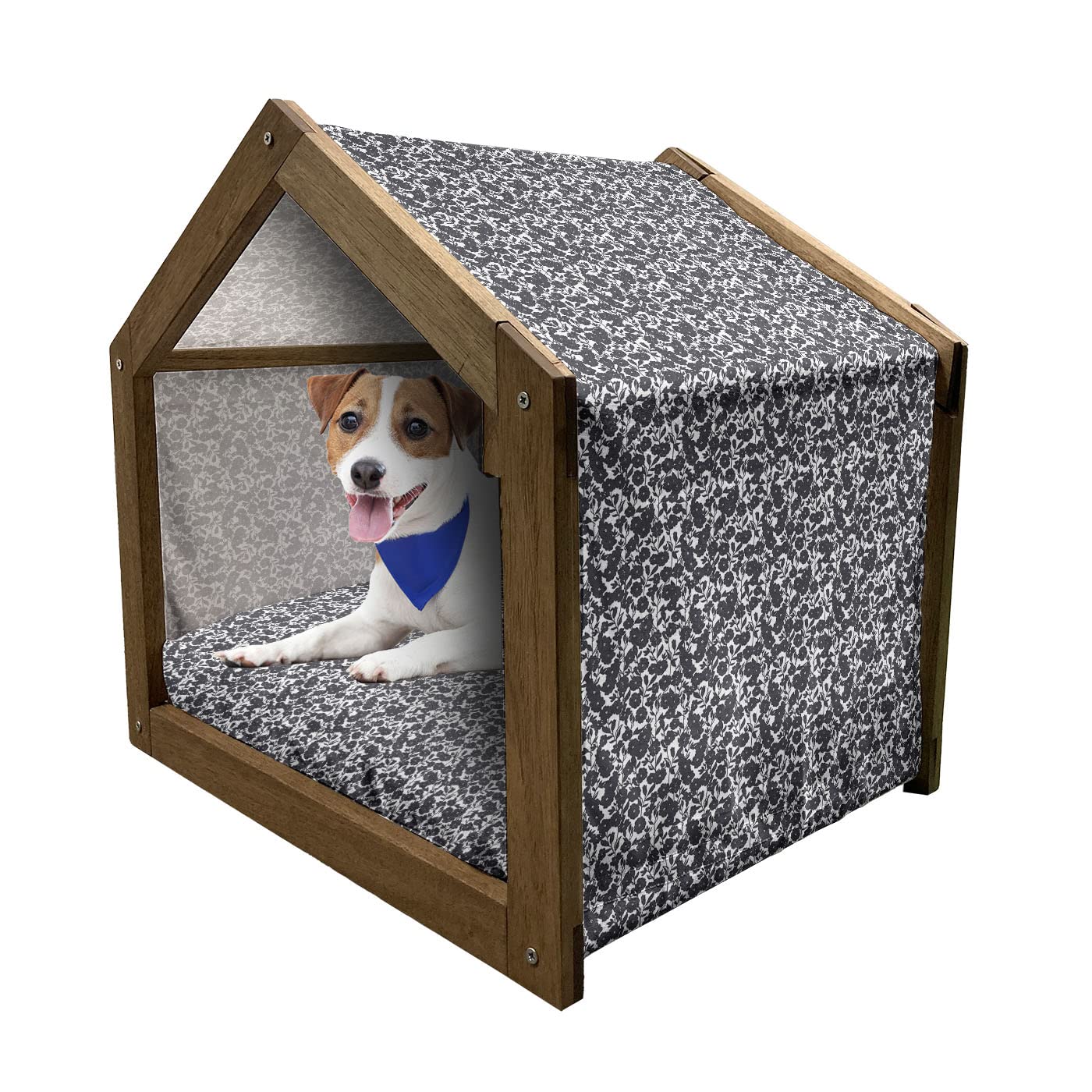 Ambesonne Floral Wooden Pet House - Dark Charcoal Modern Dog Kennel with Pillow & Cover, Medium Size Indoor/Outdoor Portable Dog Bed - Perfect for Home, Garden, and Travel Use