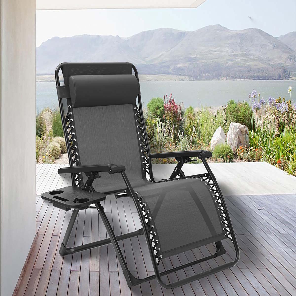**HYDL Zero Gravity Reclining Lounge Chair - Foldable Outdoor Camping Chair with Adjustable Backrest, Removable Pillow & Cup Holder - Perfect for Beach, Poolside, Garden & Patio Relaxation (Black)**