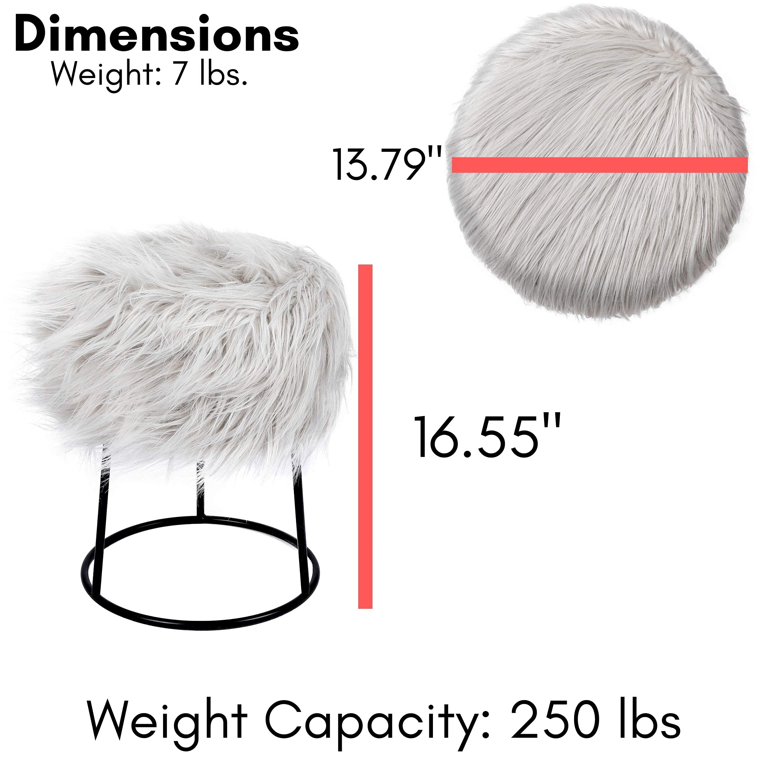 BIRDROCK HOME Round Faux Fur Vanity Stool with Storage - Fluffy Makeup Chair with Metal Legs - Soft Padded Footrest for Bedroom, Dressing Table & Closet Organization - Compact Stylish Grey Seat with Silver Legs - Perfect for Vanity Makeup, Bedroom Decor & Small Space Storage Solutions