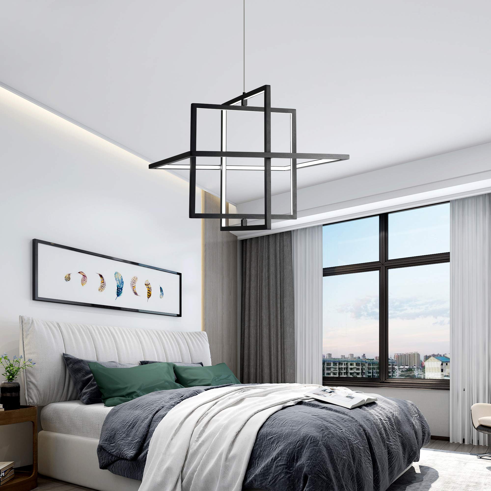 Modern Square LED Chandelier - Dimmable 90W Pendant Light with 6000K Cool White - Contemporary Hanging Light Fixture for Living Room, Dining Room, Bedroom, Kitchen & Study - Perfect for Modern Home Decor & Ambient Lighting (Black)