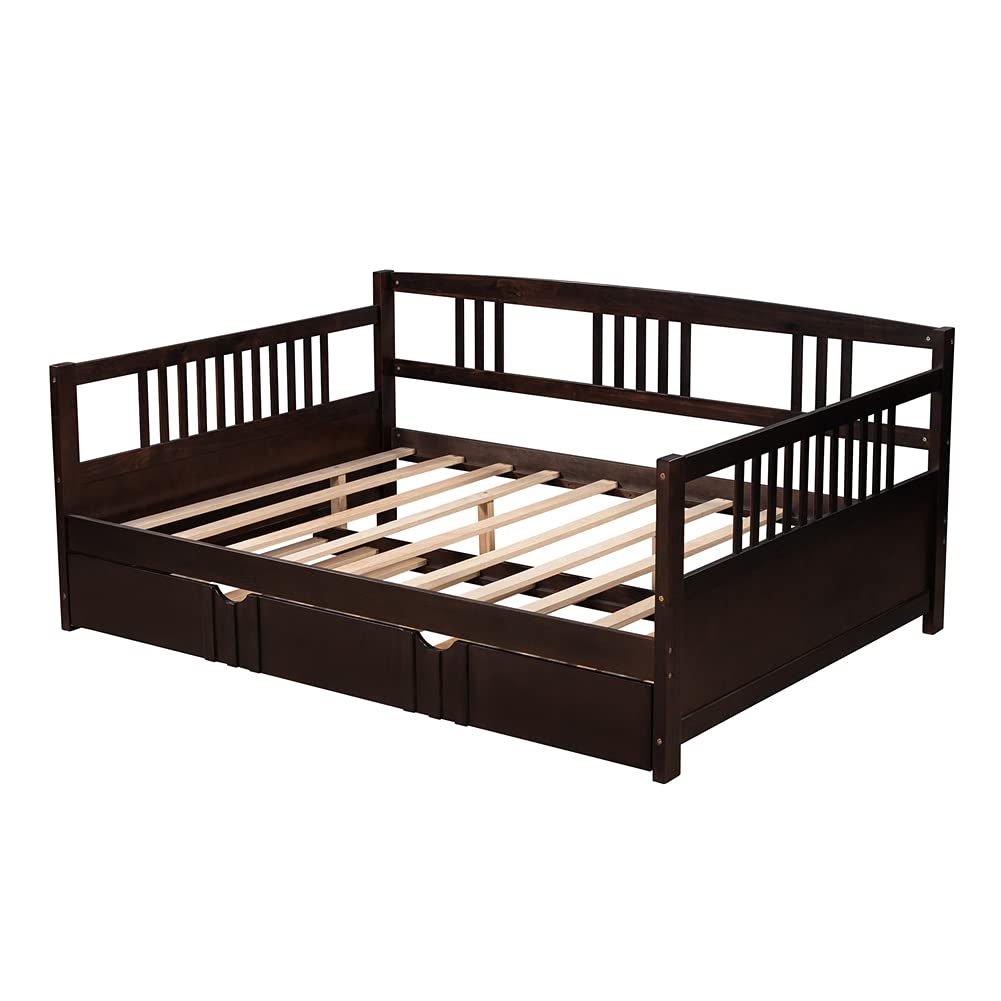 Kids Daybed Sofa Bed with Pull-Out Trundle - Pinewood Frame with Guardrails & Wood Slats - Full Size Espresso Finish - Perfect for Sleepovers, Guest Rooms & Small Spaces