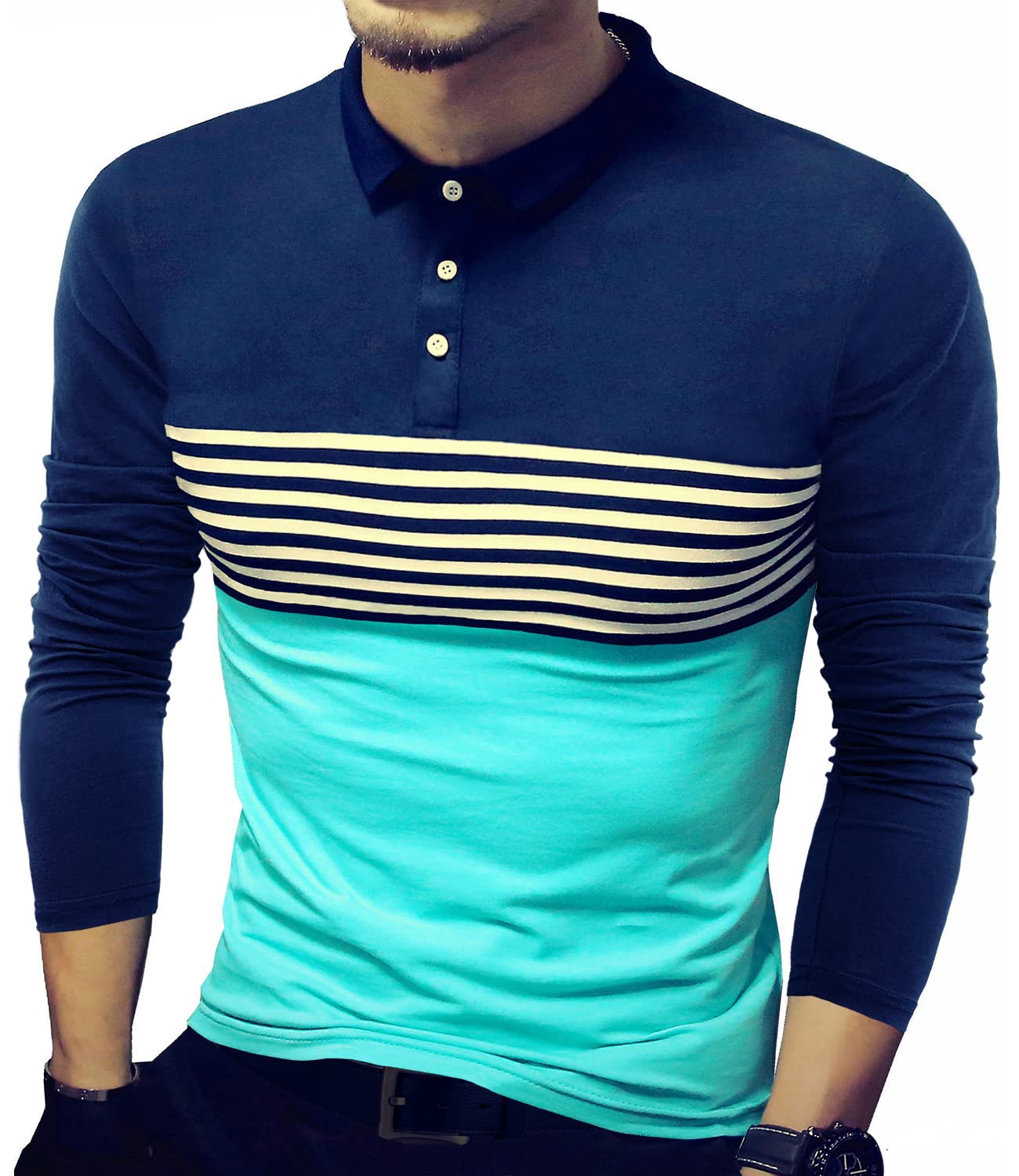 LOGEEYAR Men's Slim Fit Contrast Color Stripe Long Sleeve Polo Shirt - Casual Breathable Cotton Tee for Work, Golf & Everyday Wear
