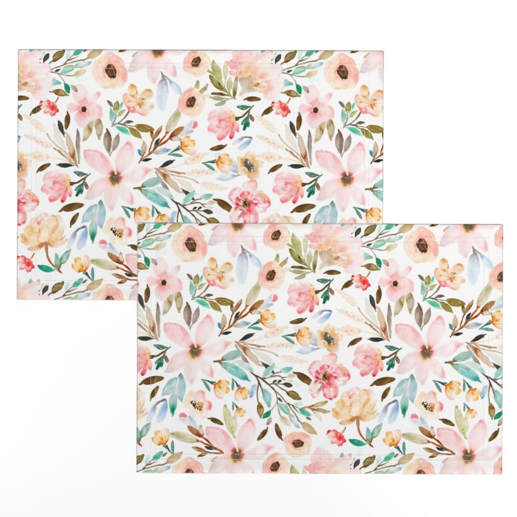 Linen Cotton Canvas Placemats Set of 2 - Floral Watercolor Print Table Mats for Dining, Kitchen Decor, Spring Party, Baby Shower & Home Decor | Washable & Durable Tableware Accessories