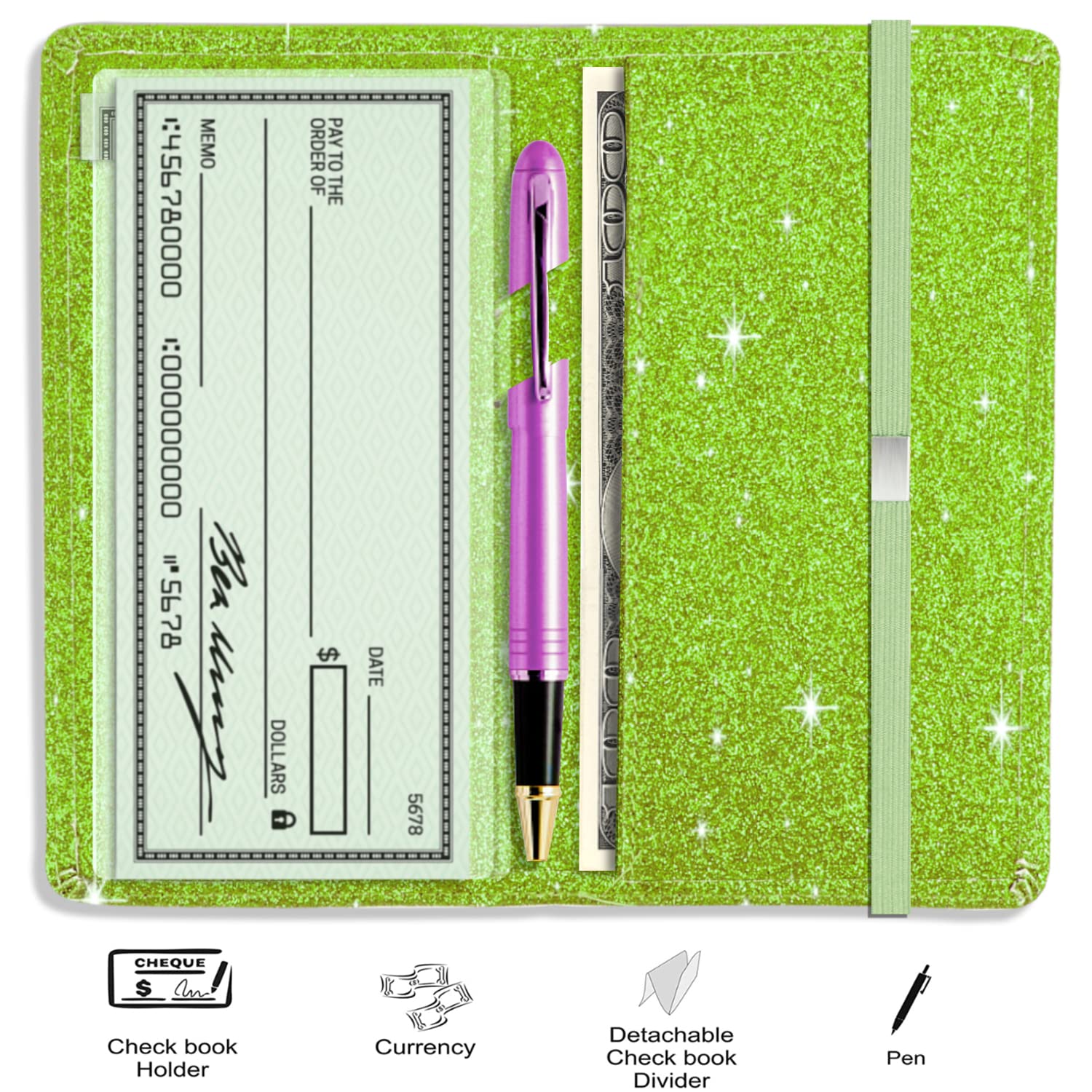Sparkly Glitter Checkbook Cover for Women & Girls - Bling PU Leather RFID Blocking Checkbook Case with Pen Holder & Elastic Strap - Fits Top/Side Tear Checks - Green | Perfect for Gift, Office & Daily Finance Organization