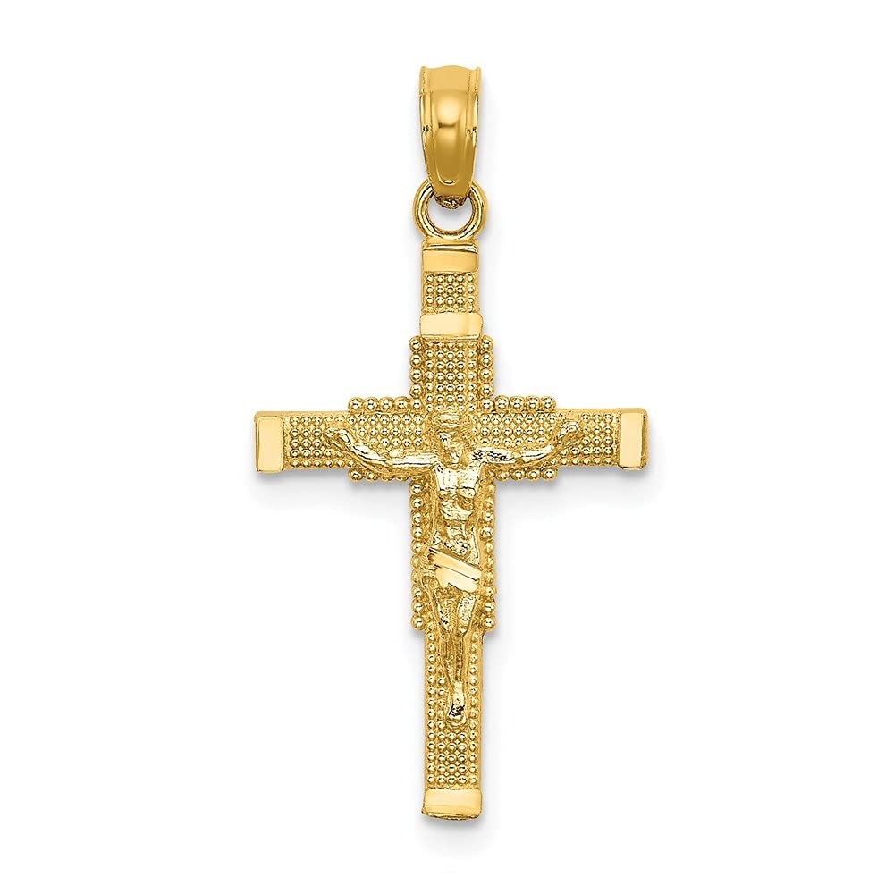 14K Yellow Gold Beaded Accent Cross Crucifix Charm Pendant Necklace - Perfect for Religious Gifts, Baptism, First Communion & Everyday Faith Jewelry