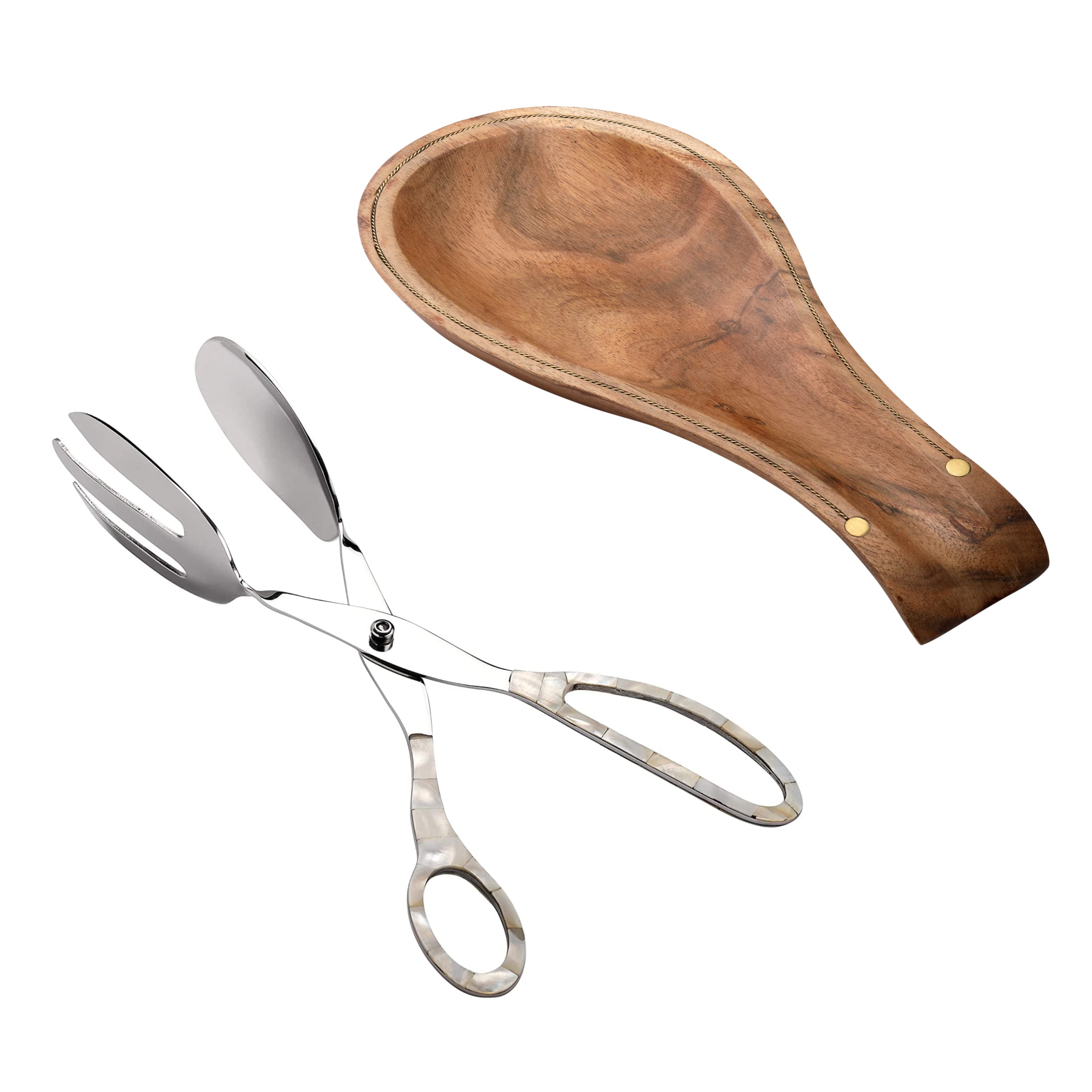 Folkulture Stainless Steel Spoon Rest & Kitchen Tongs Set - Heavy Duty Cooking Utensils for Stove, Grill, Serving Food - Perfect for Baking, Salad, Dessert, Bread & Countertop Organization
