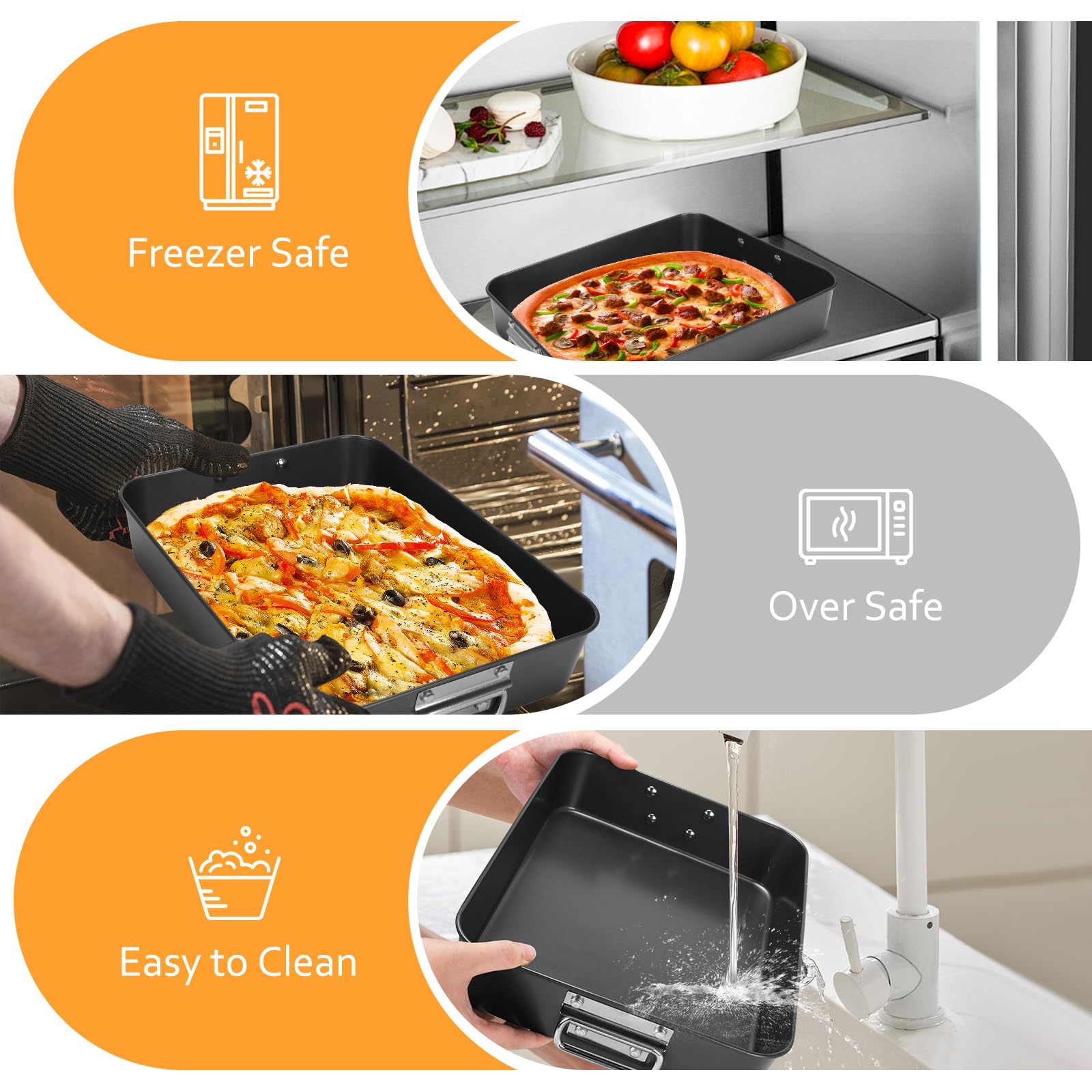 2-Pack 13.7x16 Inch Deep Lasagna Baking Pans - 3 Inch Depth Nonstick Roasting Pans with Handles, Heavy Duty Oven Safe Rectangular Cake Pans, Dishwasher Safe Dark Grey - Perfect for Family Dinners, Holiday Cooking & Meal Prep