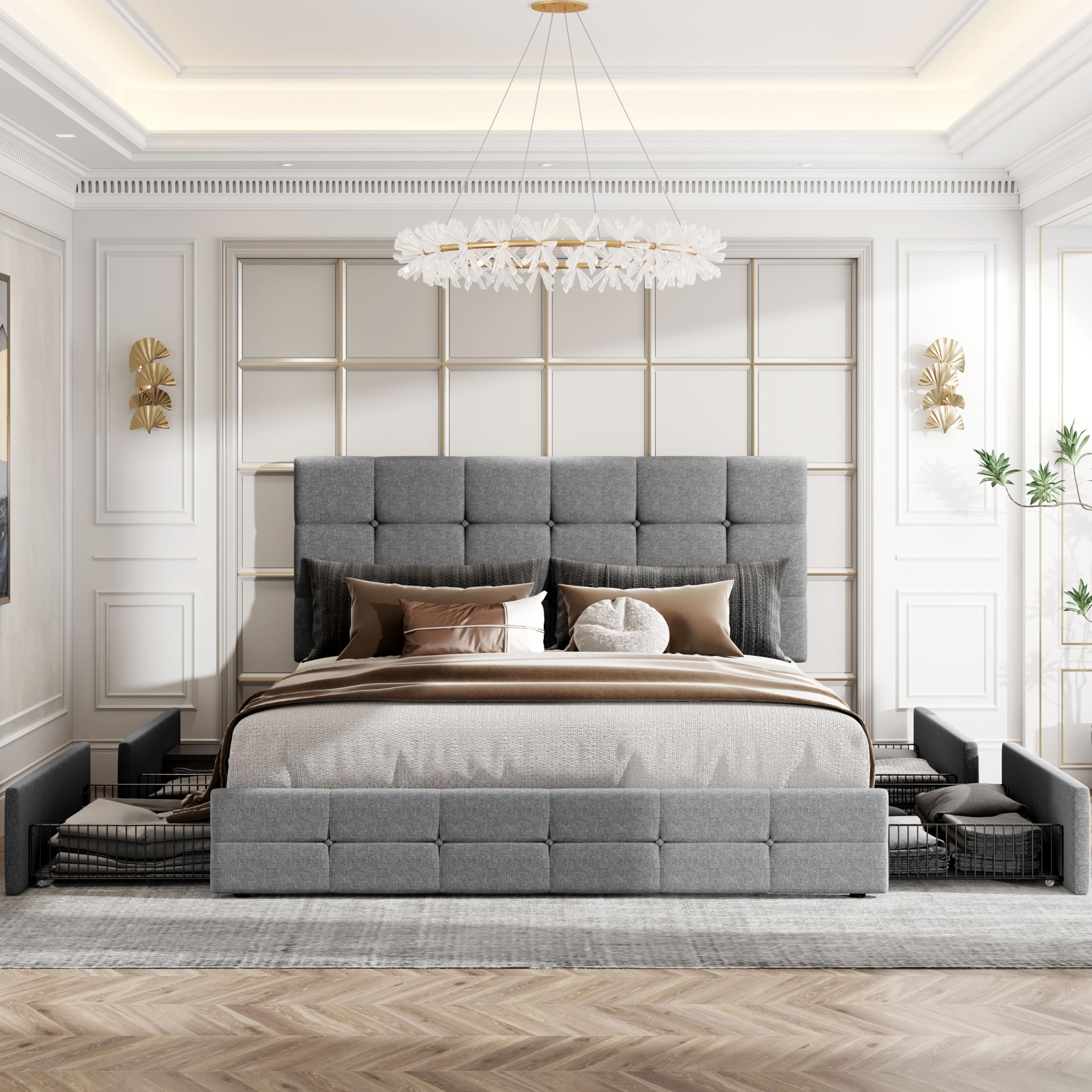 HOOMIC Queen Size Storage Bed Frame with 4 Drawers - Adjustable Tufted Headboard, Wooden Slats Support, No Box Spring Needed | Noise Free, Easy Assembly | Light Grey Modern Platform Bed for Small Space Bedroom, Guest Room & Apartment