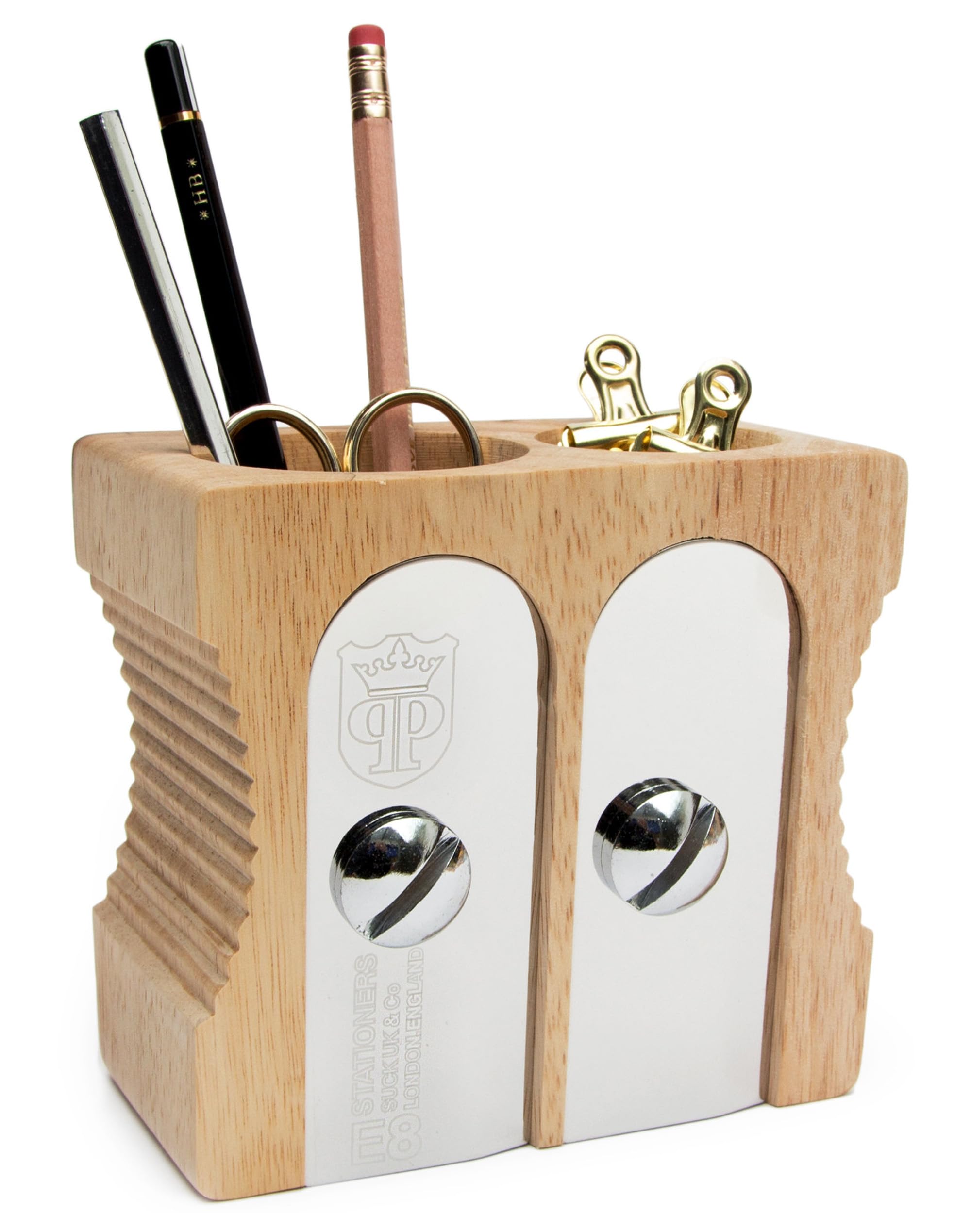 SUCK UK Wooden Pen Holder & Pencil Sharpener - Desk Organizer for Office Supplies, Stationery Storage with Decorative Design - Perfect for Home Office, School Desk & Gift Giving