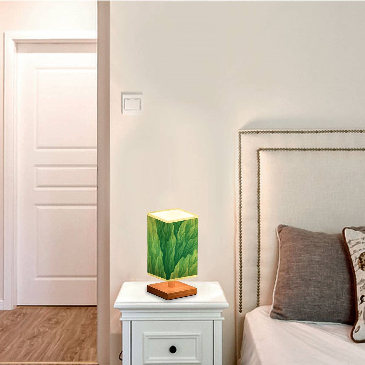 Square Dimmable Bedside Table Lamp with Green Seaweed Abstract Fractal Art Design, Wooden Base & Flaxen Fabric Shade - Modern Nightstand Lamp for Bedroom, Living Room, Office | Perfect for Reading, Relaxing & Ambient Lighting