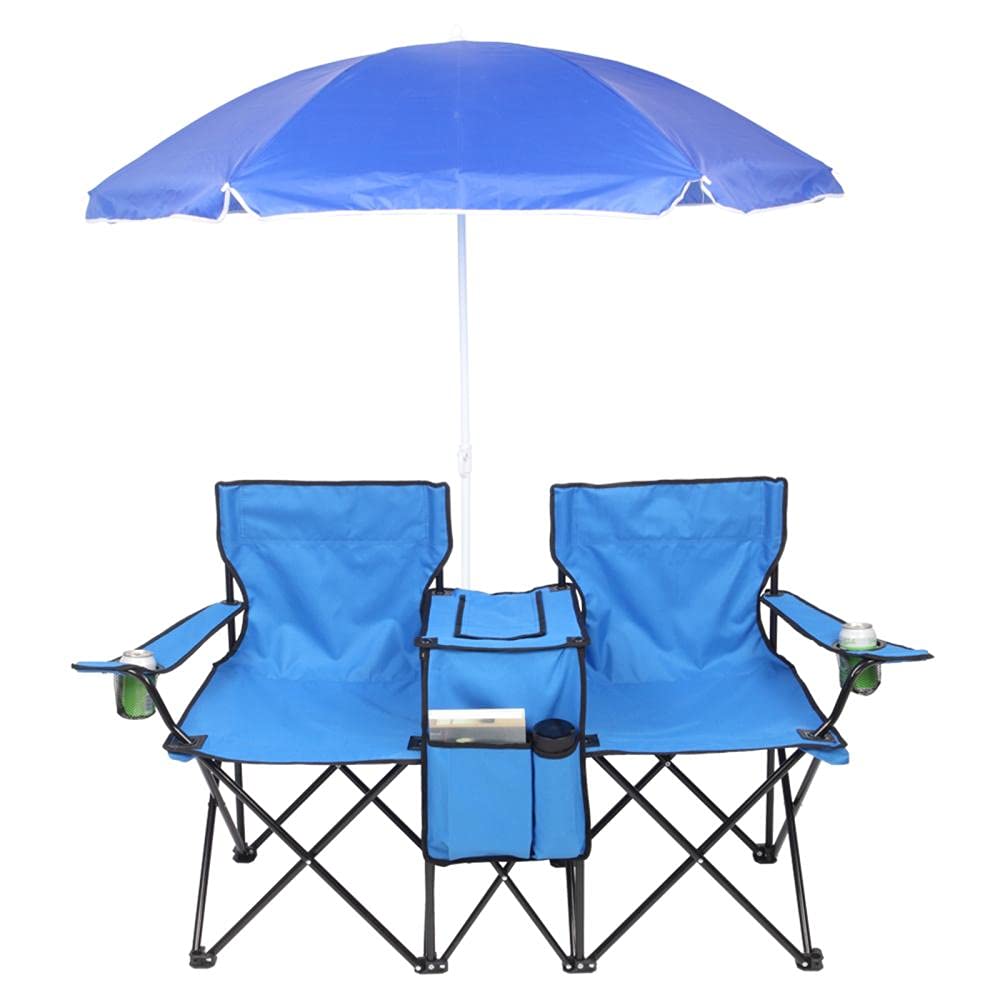 **2-Person Double Folding Picnic Chairs with Removable Umbrella, Mini Table & Beverage Holder - Portable Camping, Beach, Garden, Patio & Outdoor Chairs - Includes Carrying Bag (Blue)**    **Usage Scenarios:** Perfect for camping trips, beach outings, picnics, backyard relaxation, fishing, and outdoor events.