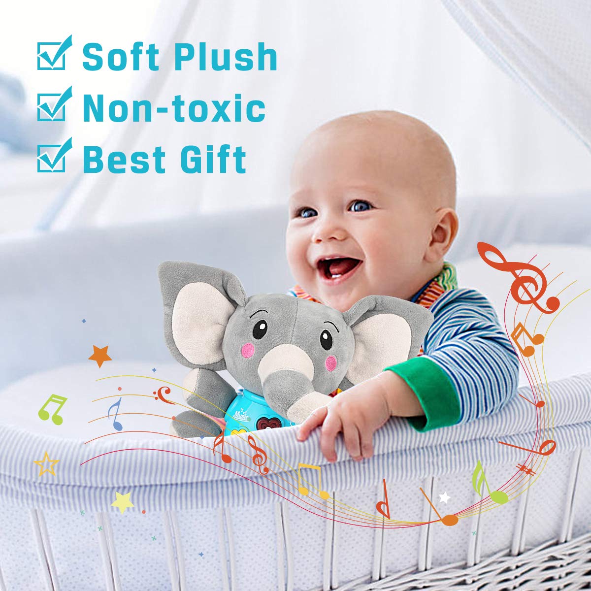 Aitbay Soft Plush Elephant Musical Baby Toy - Light Up Stuffed Animal with Soothing Music for Newborns & Infants 0-12 Months | Perfect Nursery Gift for Boys & Girls | Cuddly Sensory Toy for Playtime & Bedtime