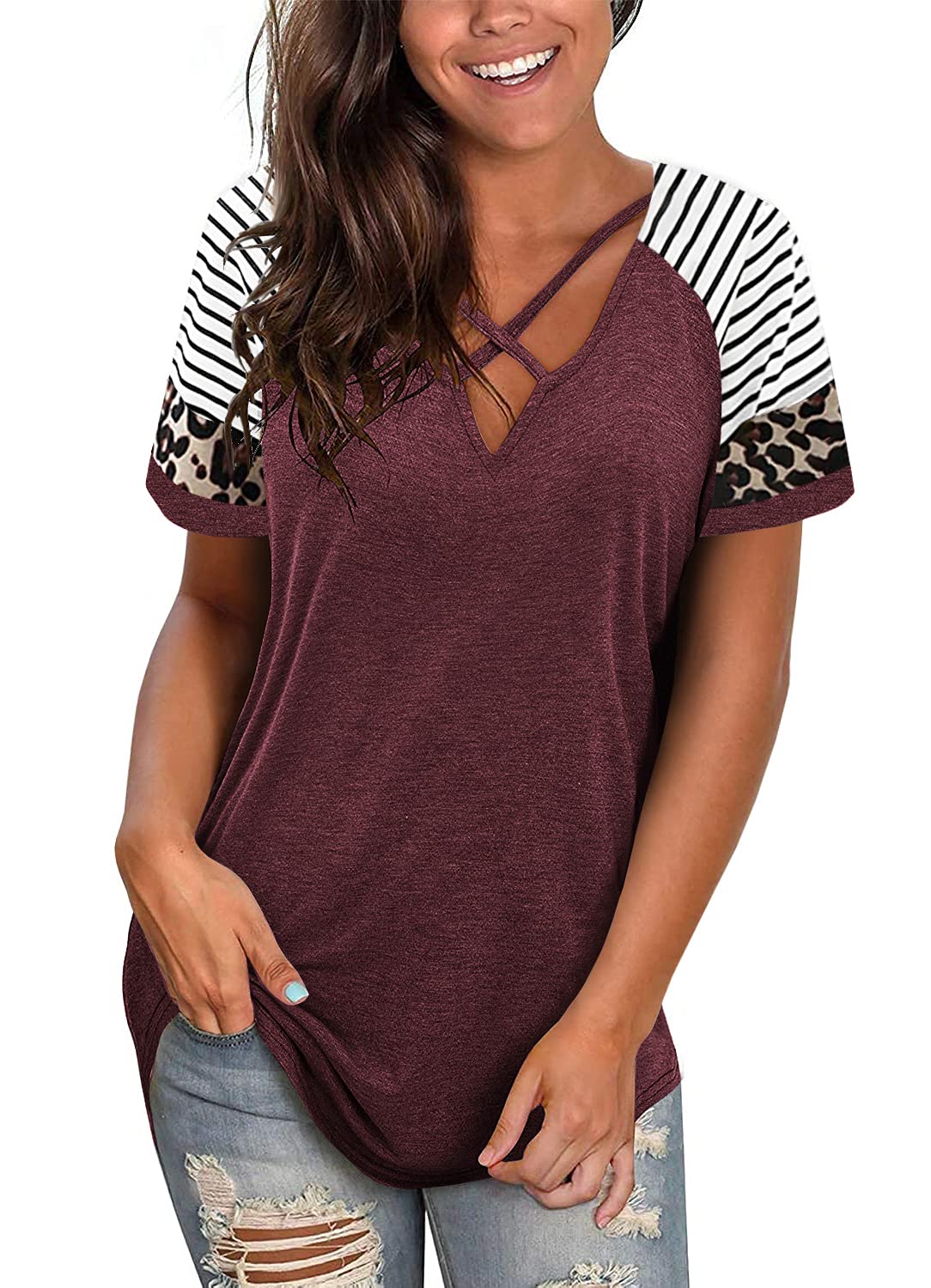 2023 Women's Summer T-Shirts - Casual Short Sleeve V-Neck Lace Eyelet Top, Sexy Criss Cross Loose Cute Tunic Tee for Beach, Party & Everyday Wear