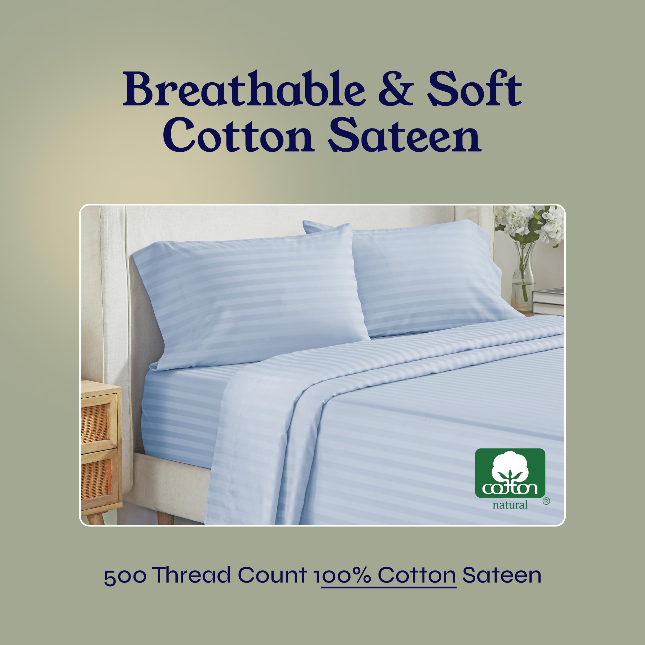 California Design Den - 100% Cotton Queen Sheets Set | 500 Thread Count Cooling Bed Sheets | Deep Pocket Snug Fit Elastic | 4-Piece Hotel Quality Damask Stripe Bedding Set (Light Blue) | Perfect for Home, Guest Room & Luxury Hotel Style Comfort