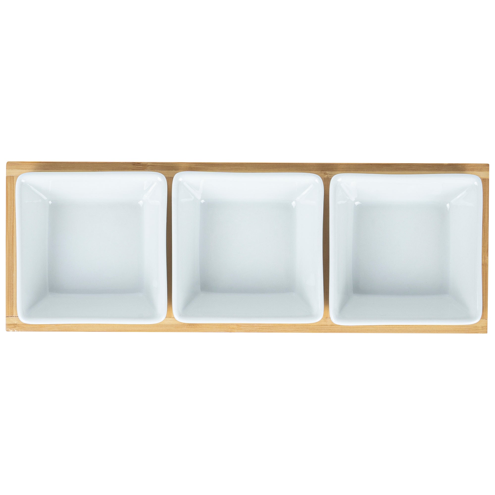 Premium 6 oz White Porcelain Modern Bowl Set with Bamboo Tray - 3 Rectangle Bowls (11.75