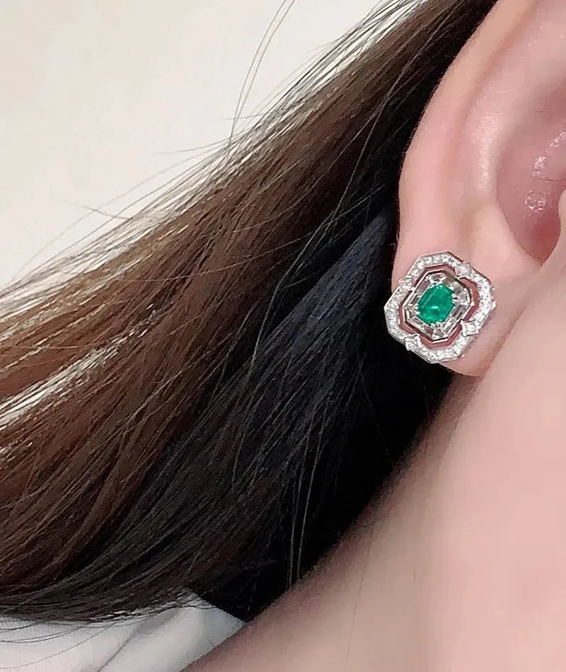 18K White Gold Earrings with Real Natural Emerald and Diamond - Classic Elegant Jewelry for Women's Engagement, Party & Special Occasions