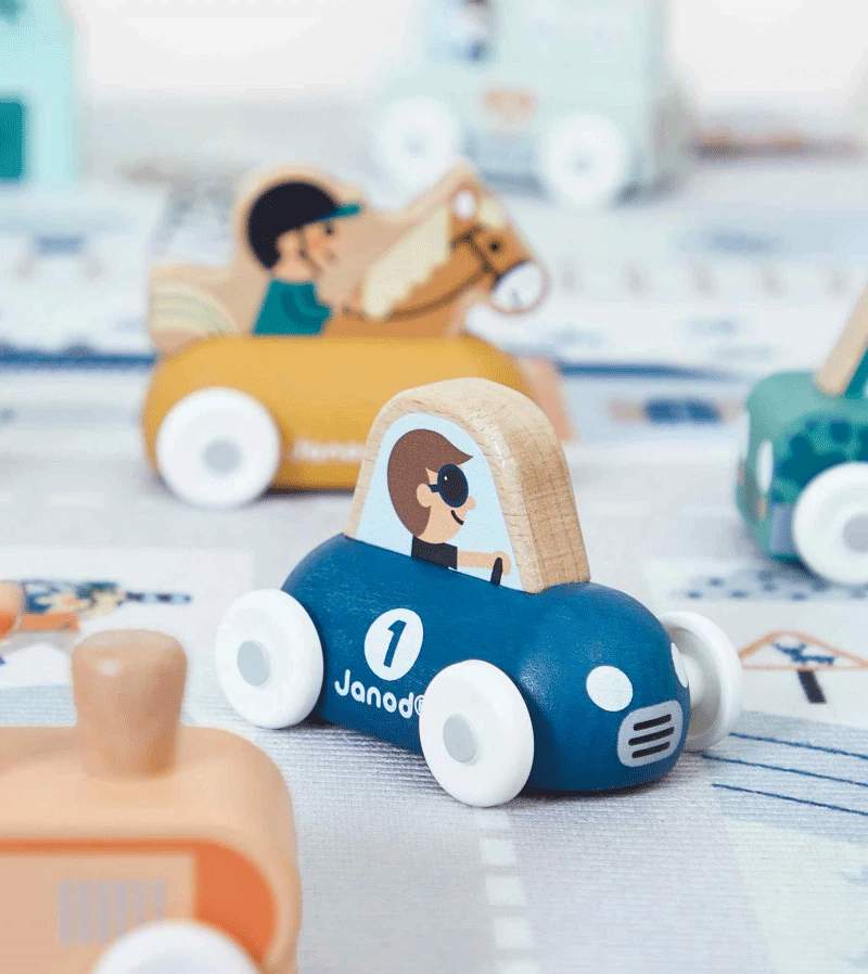 Janod Mountain Valley Wooden Sports Car Toy - Eco-Friendly Wooden Race Car for Kids, Perfect for Imaginative Play & Crossroads Adventure Scenes