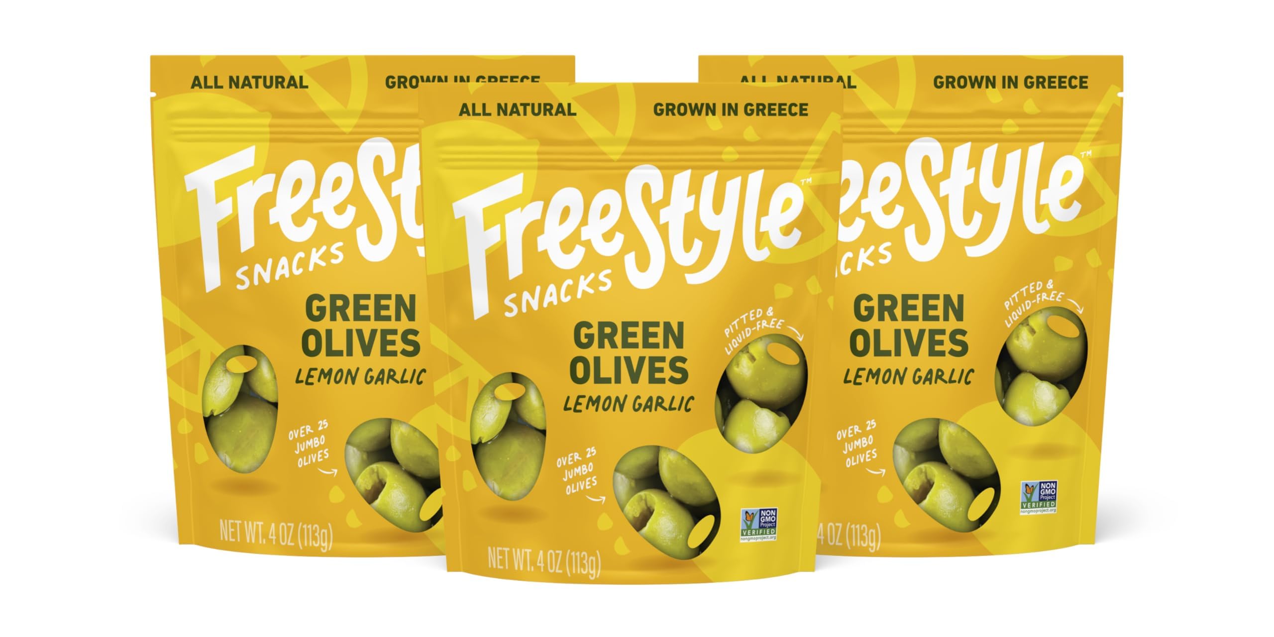 Freestyle Snacks Olive Snack Packs - Fresh Pitted Green Olives, Jumbo-Sized, Grown in Greece, All Natural, Non-GMO, Paleo, Sugar-Free, Keto Snacks, Low Calorie - Lemon Garlic Flavor, 4oz (3 Pack) | Perfect for Lunch Boxes, Office Snacks & Healthy On-the-Go Treats