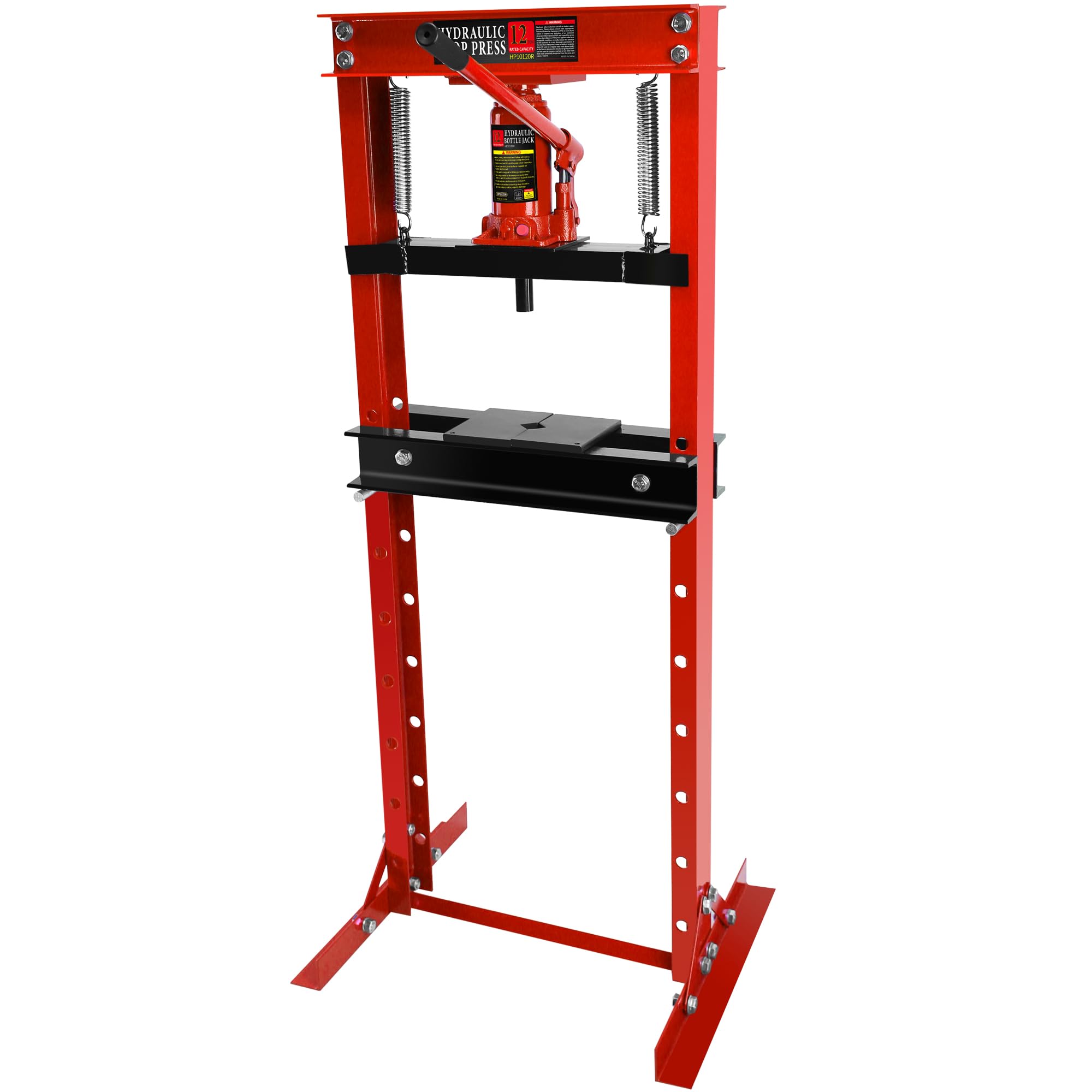 12-Ton Hydraulic Shop Press with Press Plates - H-Frame Garage Floor Press with Adjustable Working Table Height - Heavy Duty Metalworking, Automotive Repair & DIY Projects (Red)