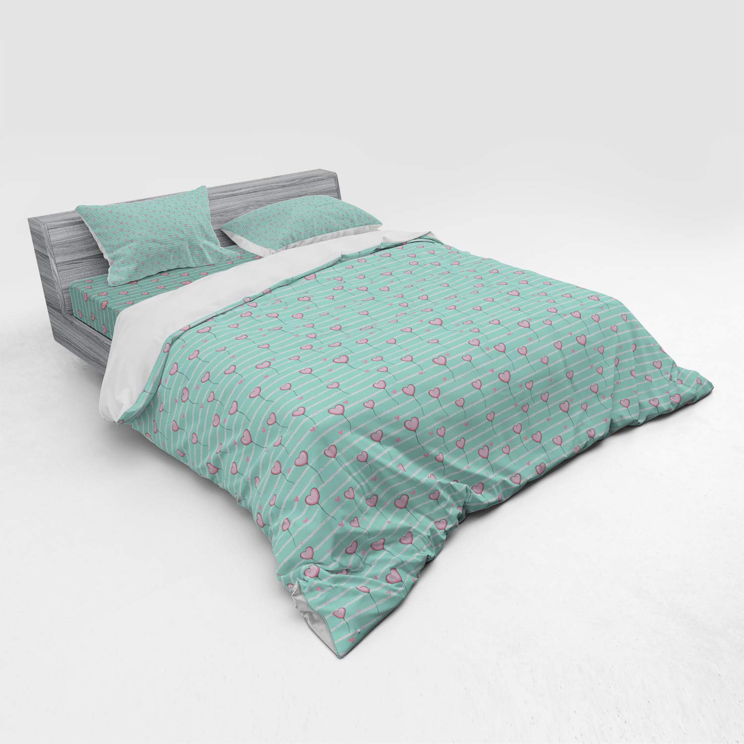 Lunarable Romantic Duvet Cover Set - Heart Balloons on Vertical Striped Background Valentine's Day Love Design, 4-Piece King Size Bedding Set with Shams & Fitted Sheet in Pink & Seafoam | Perfect for Valentine's Day Gifts, Anniversary Presents & Couples Bedroom Decor