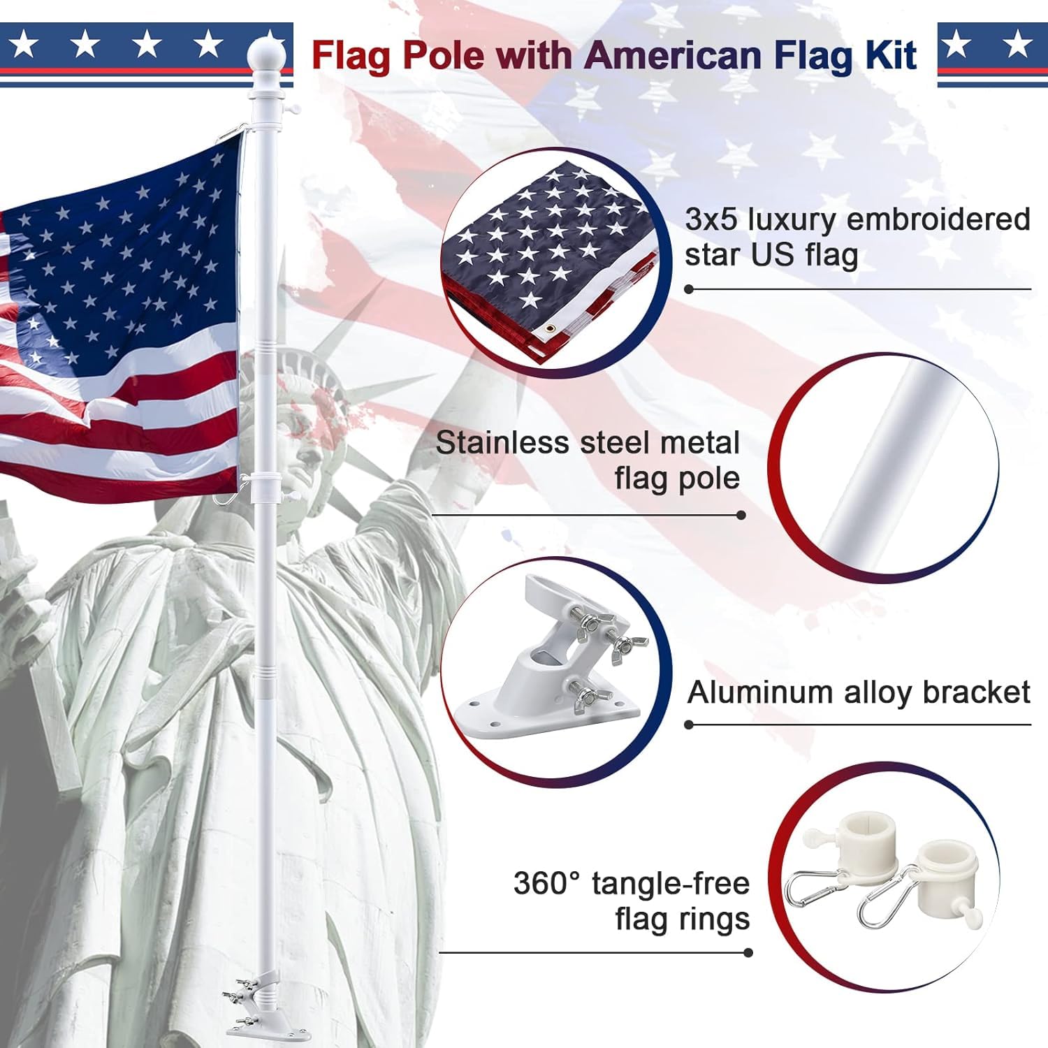 3x5 American Flag with 6ft Tangle-Free Flag Pole Kit - Outdoor Residential Flag Set Includes Embroidered US Flag, Holder Bracket & White Pole for House, Porch, Yard - Perfect for Patriotic Home Decor & Outdoor Display