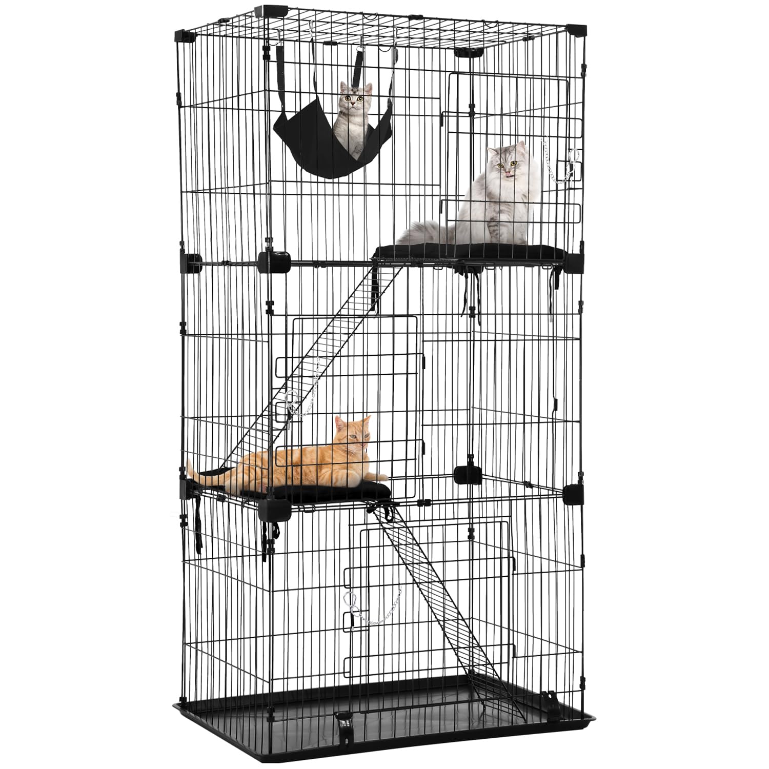 **FDW 3-Tier 67-Inch Collapsible Cat Cage - Indoor & Outdoor Cat Enclosure with Secure Lock, Hammock Bed, Front Doors, Ramp & Perching Shelves - Perfect for Playtime, Training & Safe Outdoor Exploration (Black)**