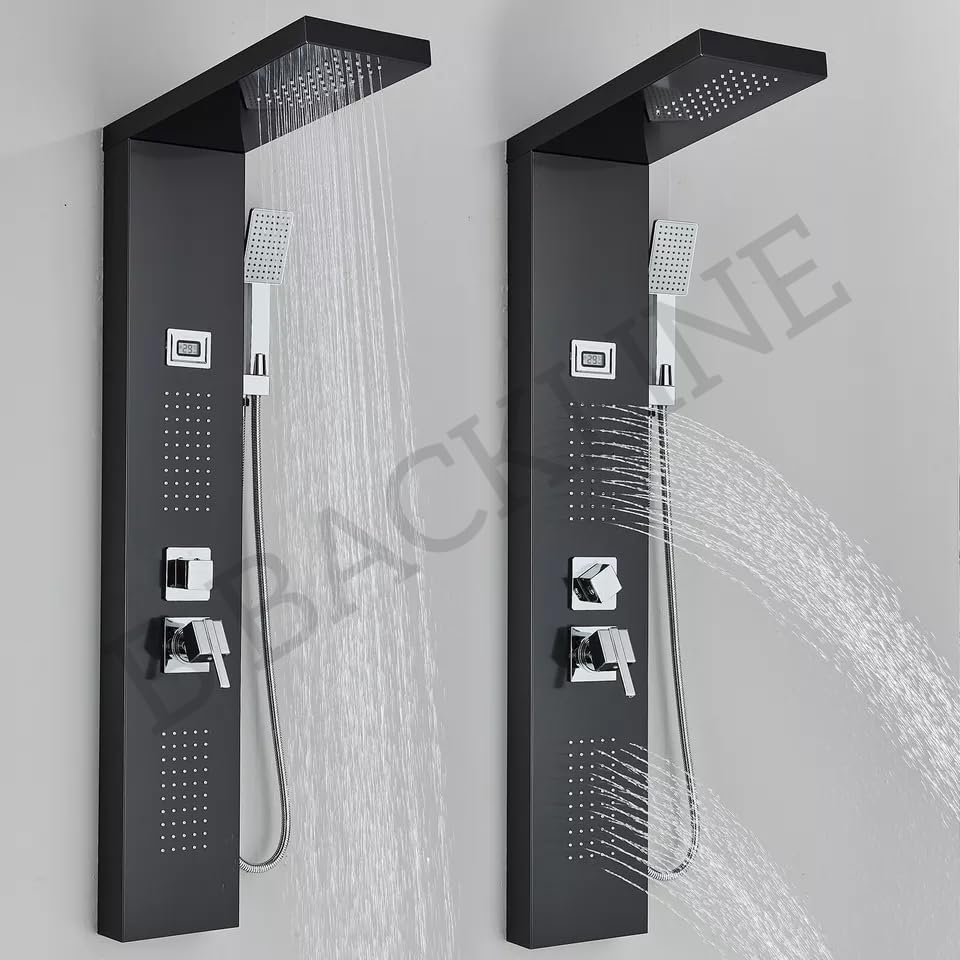 Premium 304 Stainless Steel 6-in-1 Shower Panel System with LED Rainfall, Waterfall, Hand Shower & Body Massage Jets - Black Glossy Finish for Luxurious Bathroom Spa Experience - Perfect for Modern Home Renovation and Relaxing Shower Sessions