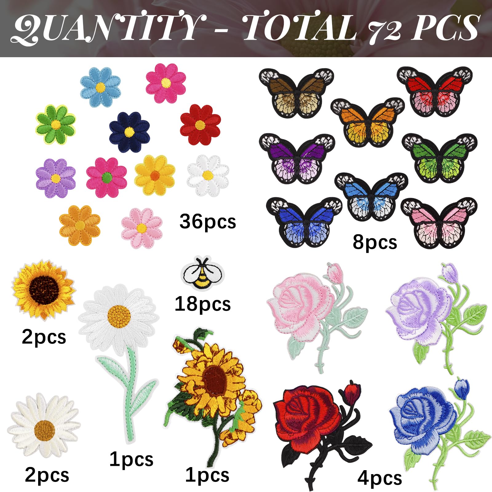 RETON 72 Pcs Embroidered Iron-On Patches for Clothing - Butterfly, Flower, Bee, Rose & Daisy Applique Patches for Jackets, Jeans & Backpacks | DIY Fashion Customization & Outfit Personalization