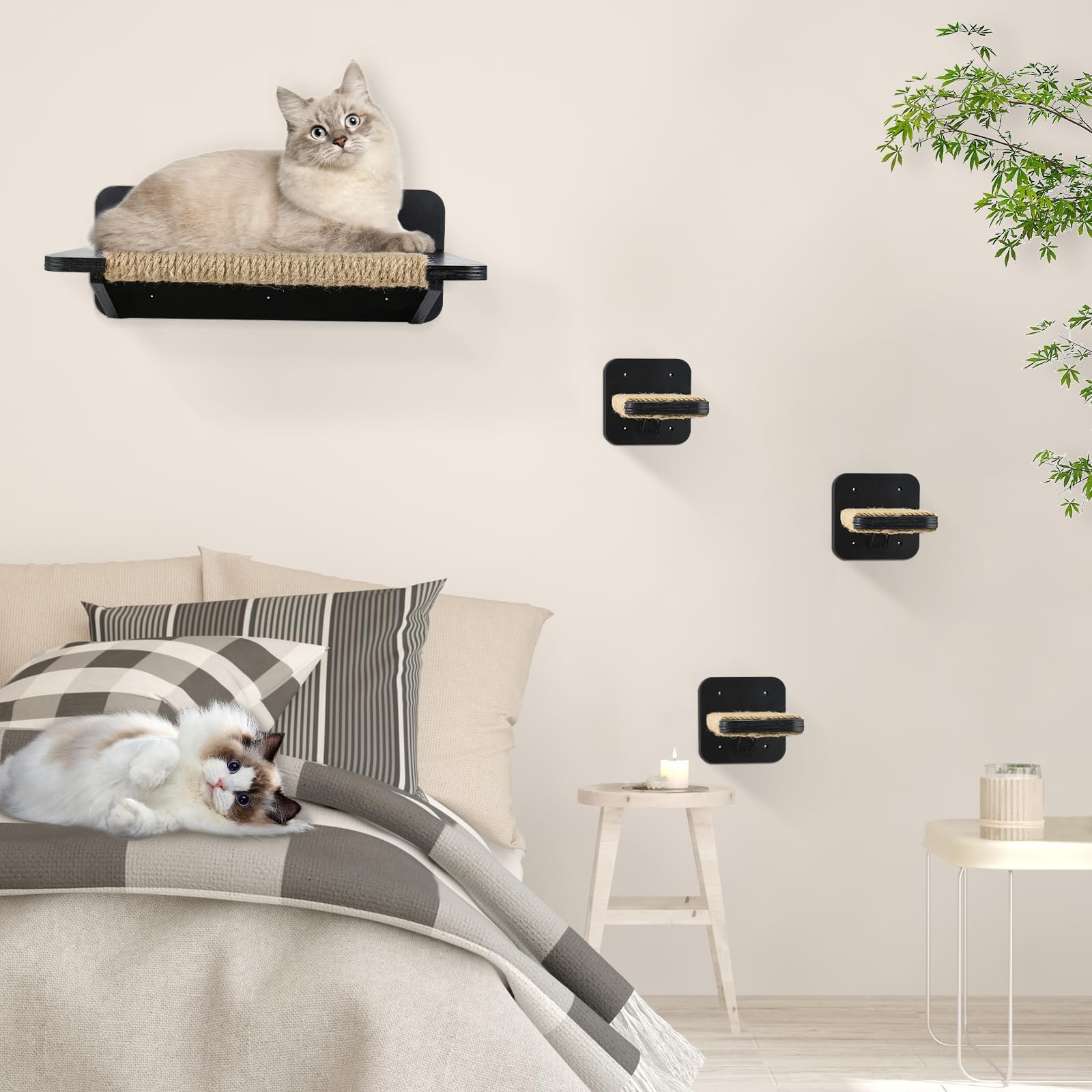 Premium Cat Wall Shelves & Hammock Set - 3-Tier Climbing Perches with Hemp Rope Scratching Posts | Wall-Mounted Cat Furniture for Indoor Cats | Perfect for Play, Rest & Vertical Space Exploration