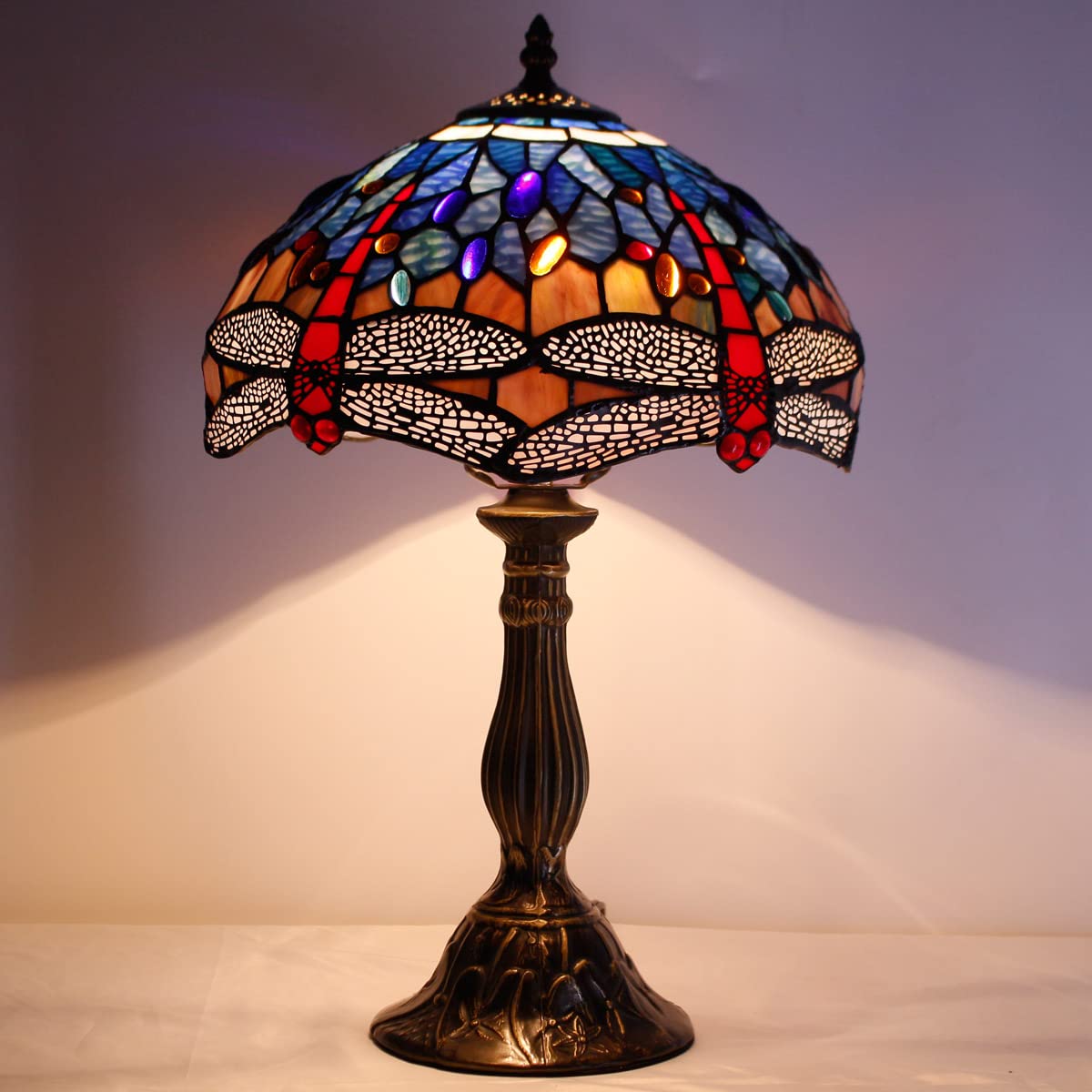 WERFACTORY Tiffany Style Stained Glass Dragonfly Table Lamp - Blue & Red Handcrafted Bedside Reading Light, 12x12x18 Inches - Perfect for Bedroom Nightstand, Living Room Decor & Home Office (S688 Series)