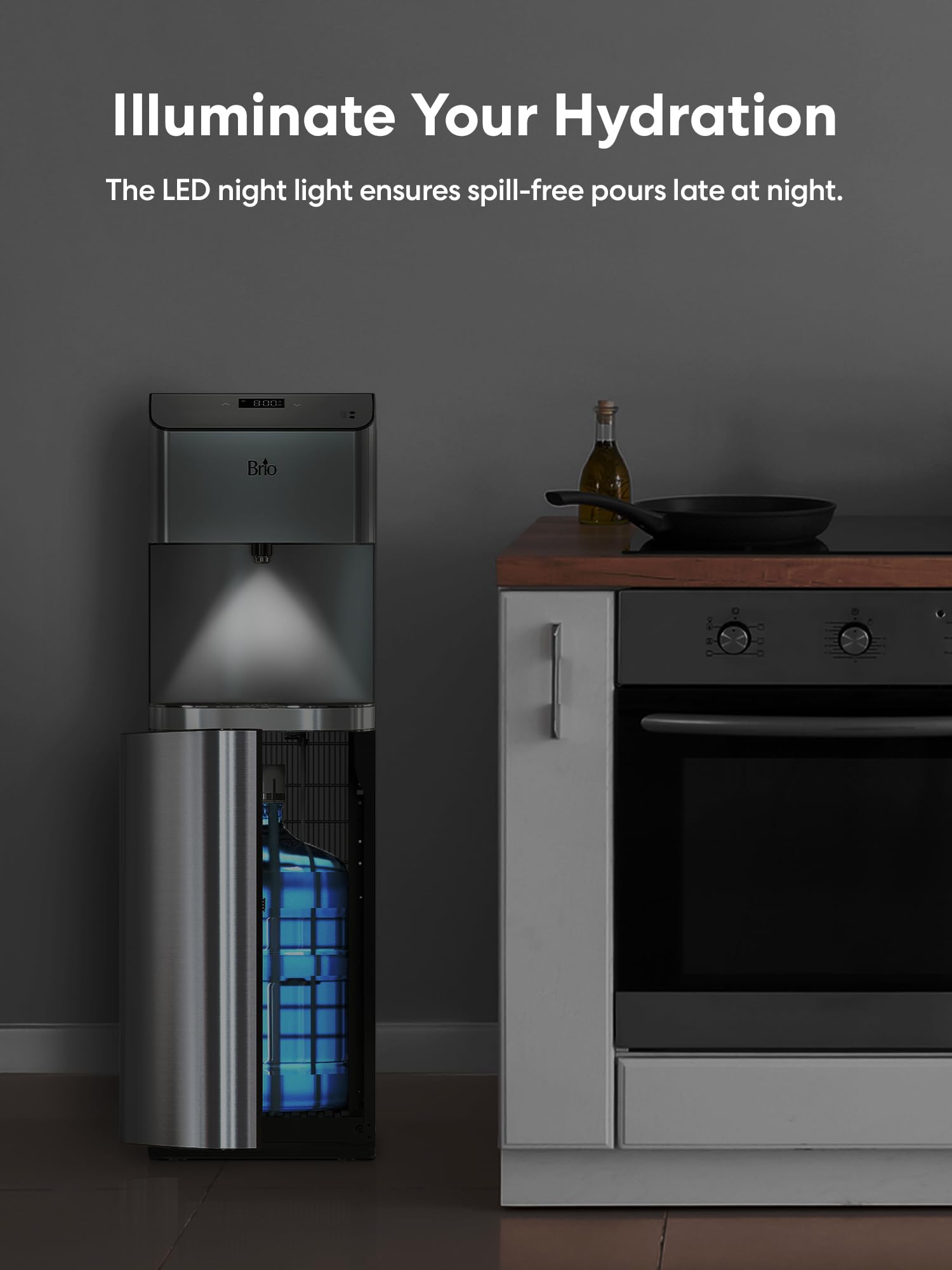 Brio Moderna Bottom Load Water Cooler Dispenser - 3 Temperature Settings, Adjustable Hot & Cold Water, Self-Cleaning Function, Touch-Free Dispensing, Child Safety Lock, Compatible with 3 & 5 Gallon Bottles, Digital Display with LED Light - Perfect for Home, Office, and Kitchen Use