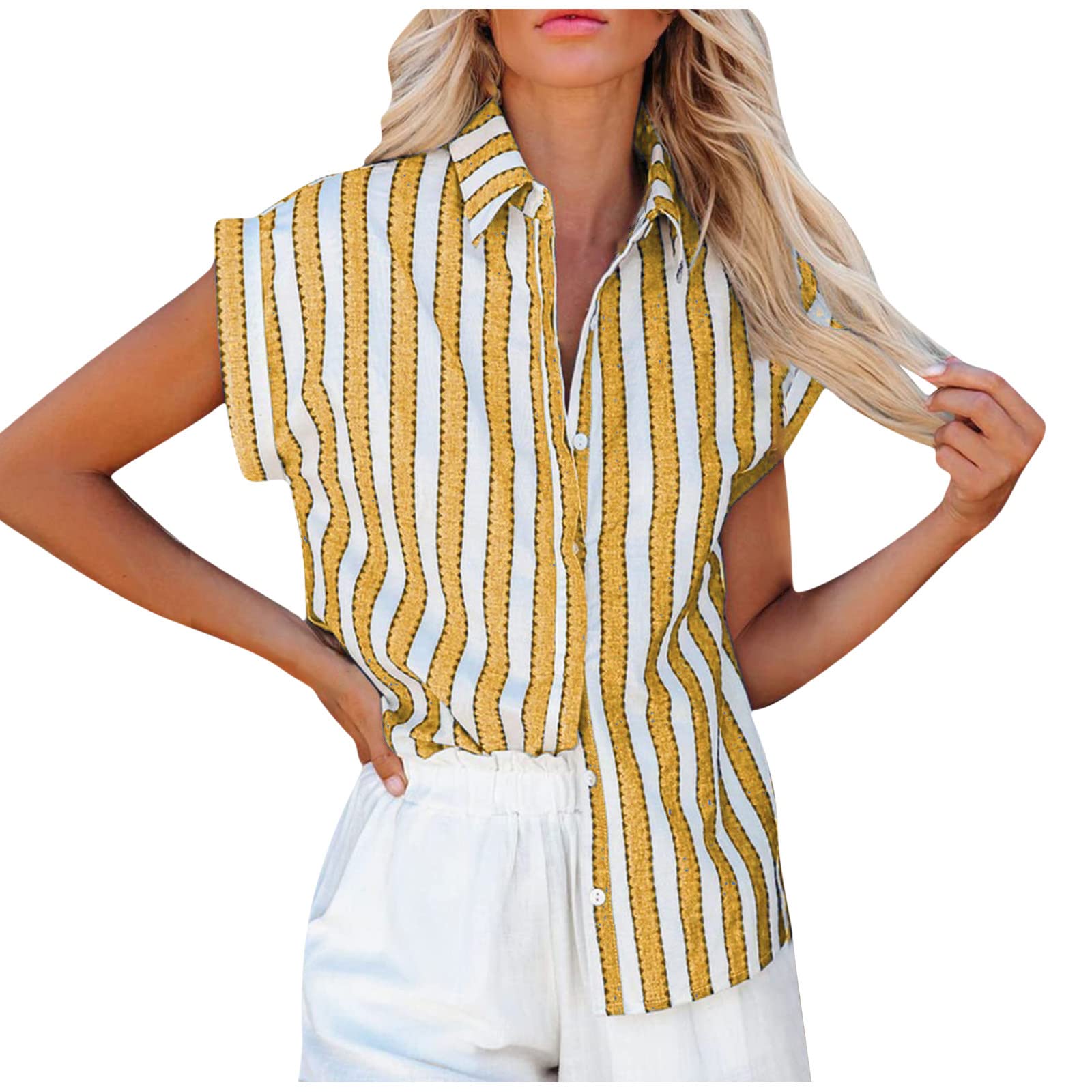 Trendy Women's Summer Casual Button Down Shirt - Bell Short Sleeve Lapel Blouse with Striped Print, Loose Tunic Tops for 2023 | Perfect for Beach Outings, Office Wear & Casual Dates