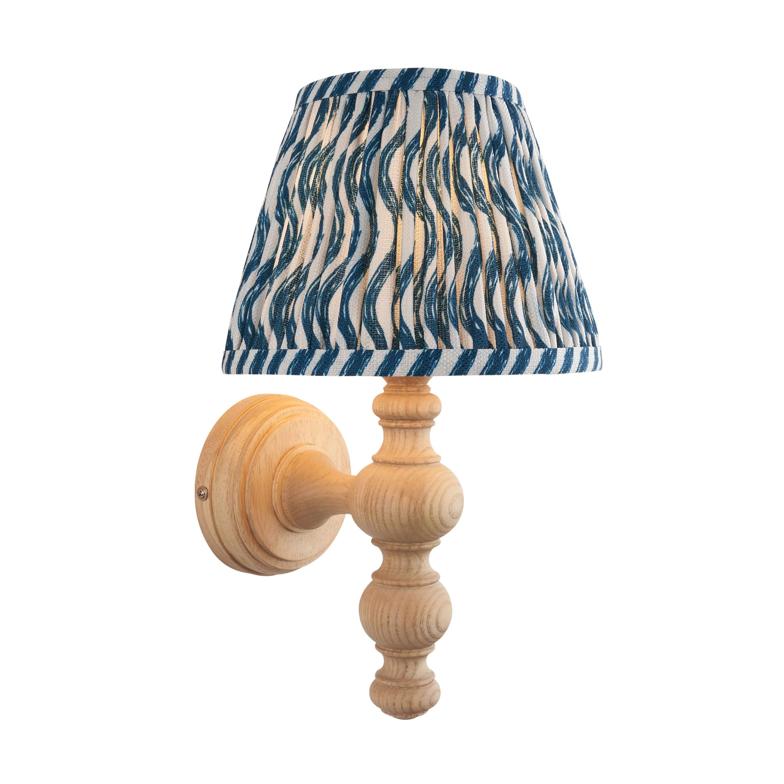 Bibury Wooden Wall Light with 20cm Ripple Marlin Blue Shade - Perfect for Bedroom, Living Room, and Hallway Decor