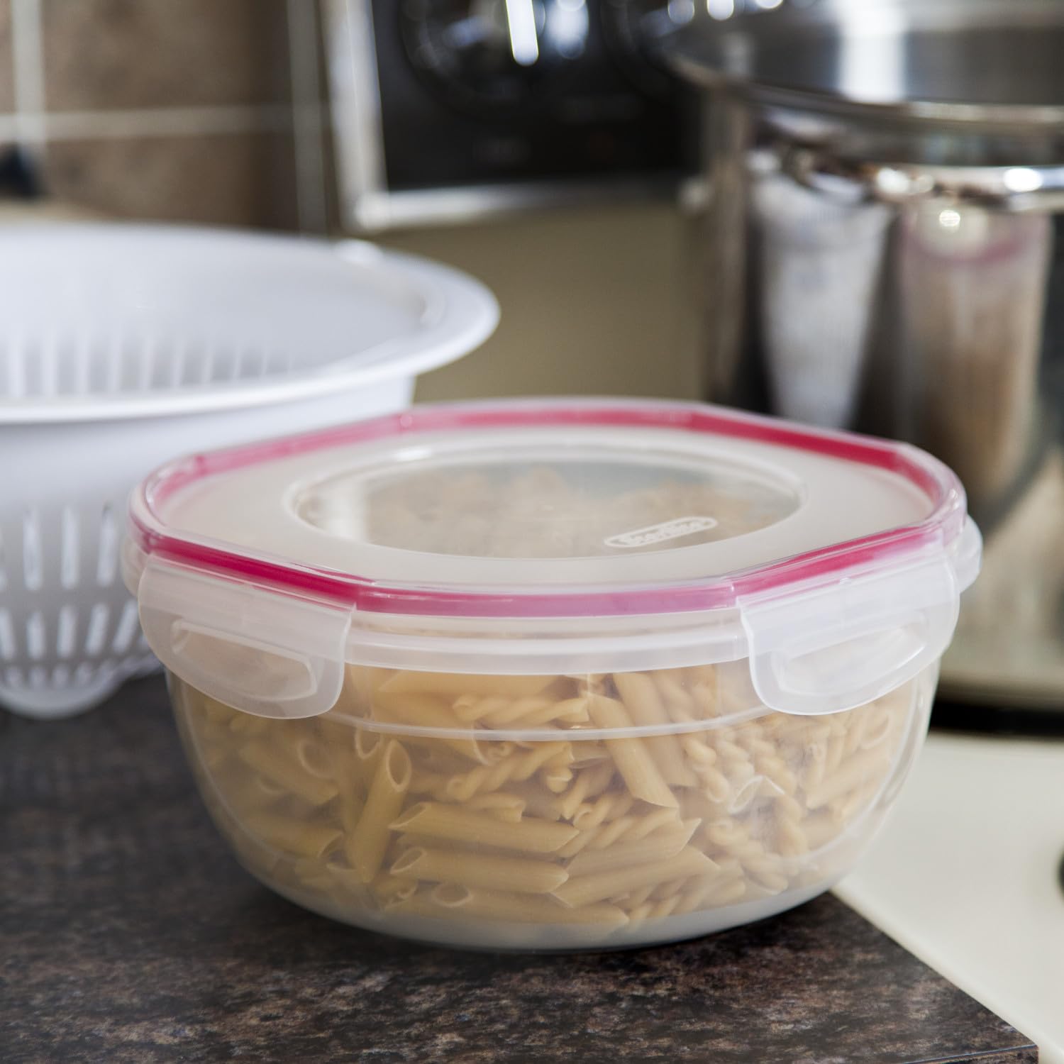 Sterilite Ultra-Seal 4.7 Quart Airtight Food Storage Containers with Latching Lids - 4-Pack Set of Clear Microwave & Dishwasher Safe Bowls with Red Gasket Seal | Perfect for Meal Prep, Leftovers, Pantry Organization & Freezer Storage