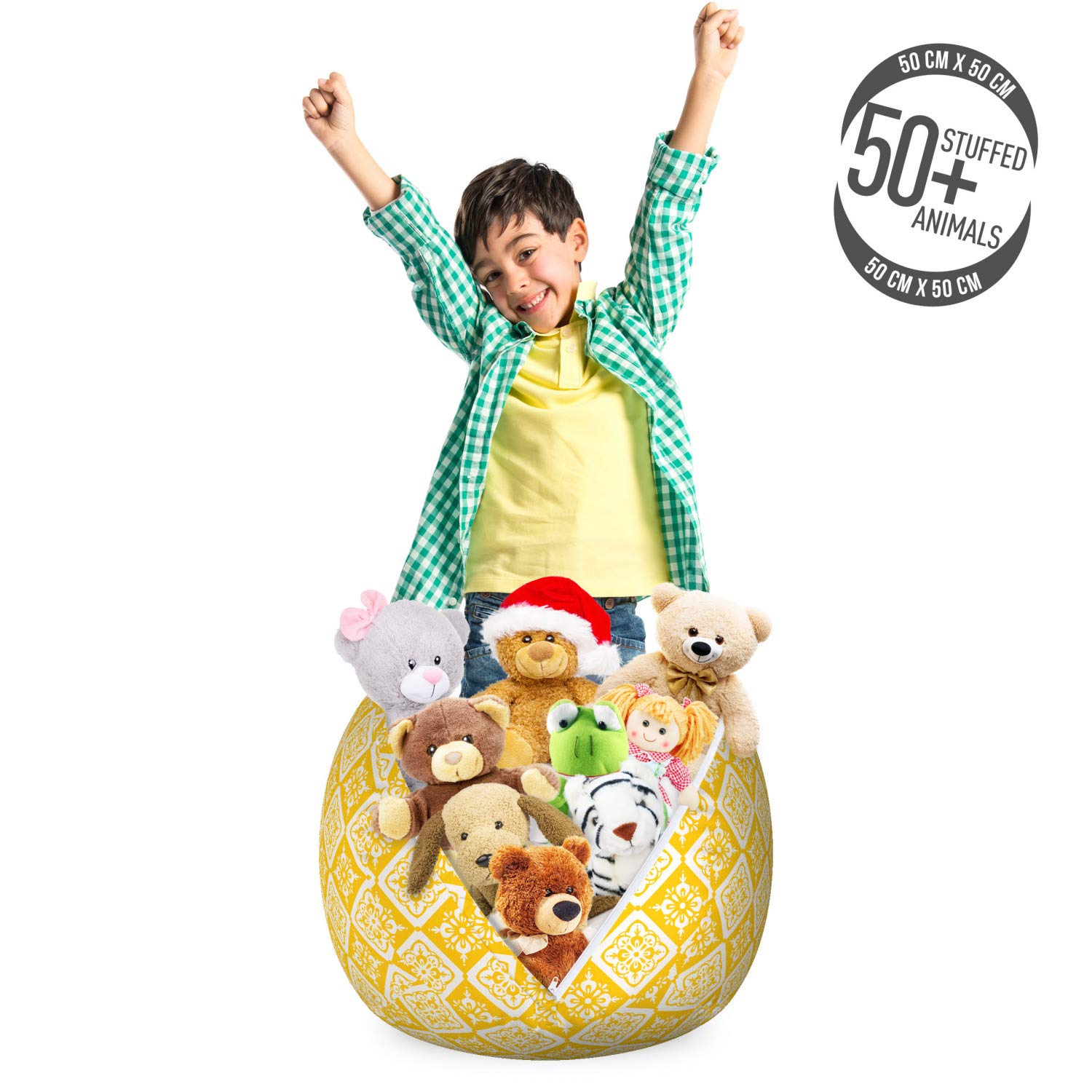 Ambesonne Ethnic Toy Storage Bag Chair - Traditional Eastern Inspired Monochrome Rhombus Design - Washable Stuffed Animal Organizer - Small Size in Earth Yellow & White - Perfect for Kids' Room, Nursery, or Playroom Organization