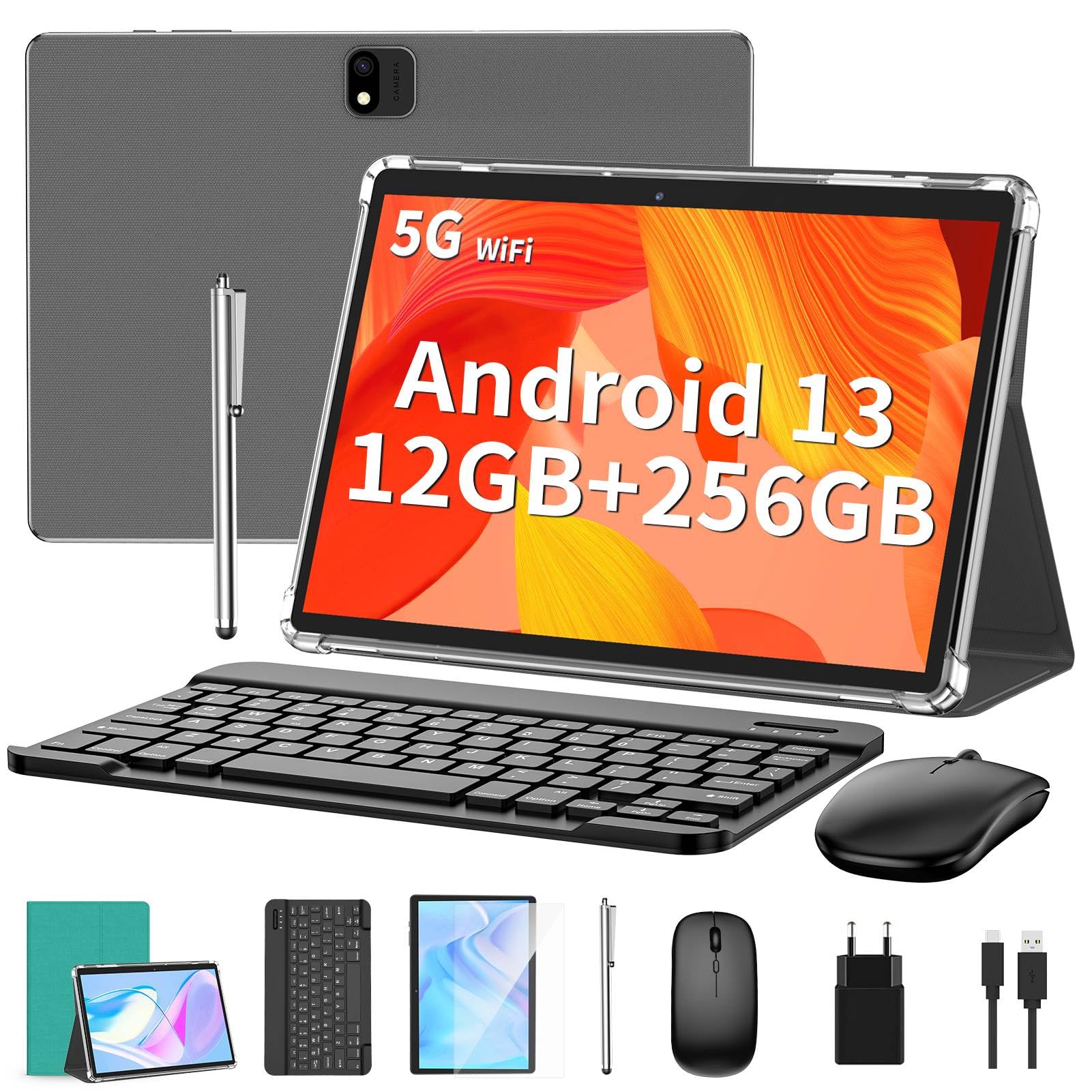 QDDQ 10.1 Inch Android 13 Tablet with Keyboard - 256GB ROM+1TB Expandable, Octa-Core Processor, 8000mAh Battery, Dual-Band WiFi, 13MP+5MP Camera - 2-in-1 Convertible Laptop with Keyboard Case, Mouse & Stylus (Green) - Perfect for Work, Study & Entertainment