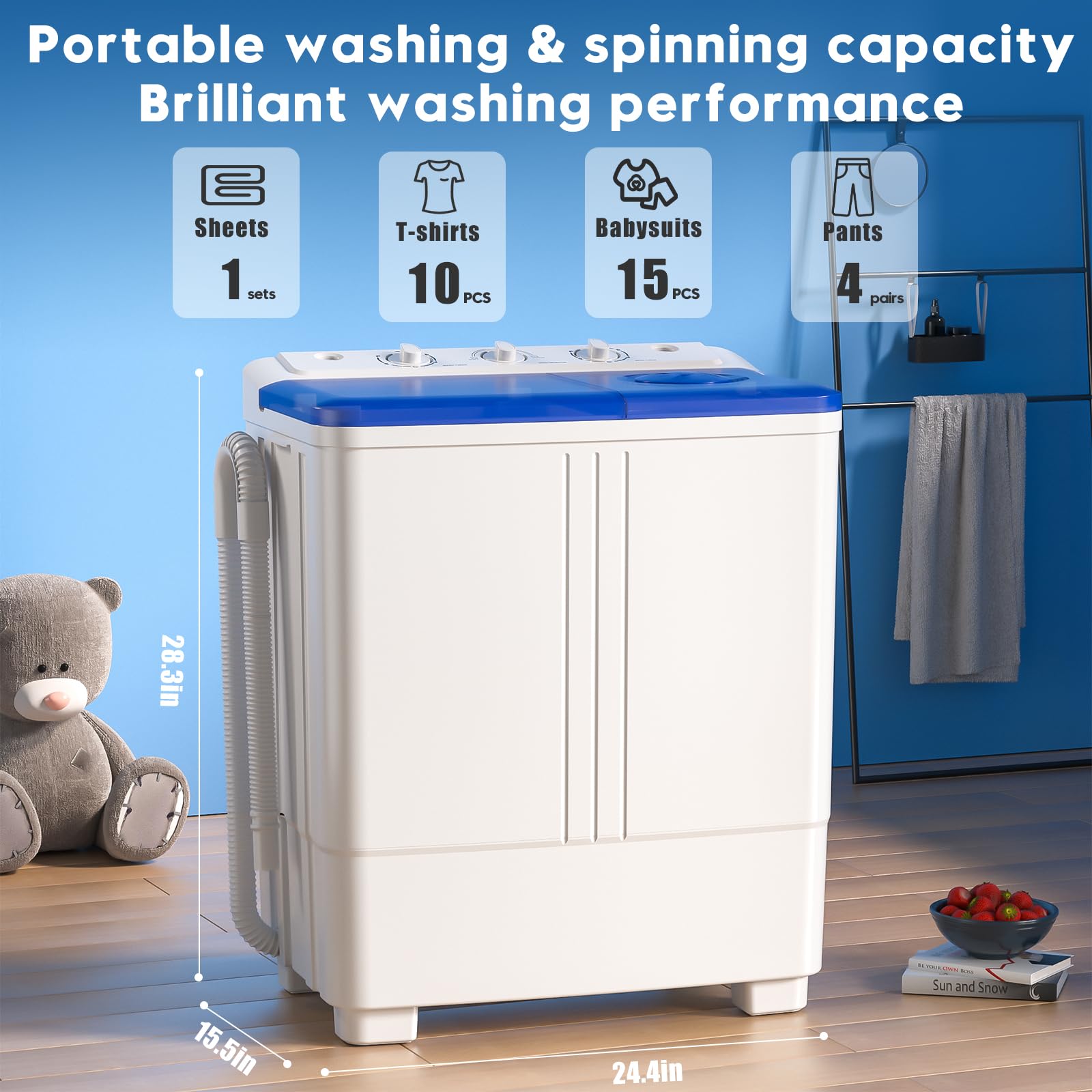Portable Twin Tub Washing Machine - 20lbs Capacity Compact Laundry Washer with Drain Pump, Semi-Automatic 12lbs Washer & 8lbs Spinner Combo for Small Spaces - Perfect for Dorms, Apartments, RVs, Camping & Off-Grid Living