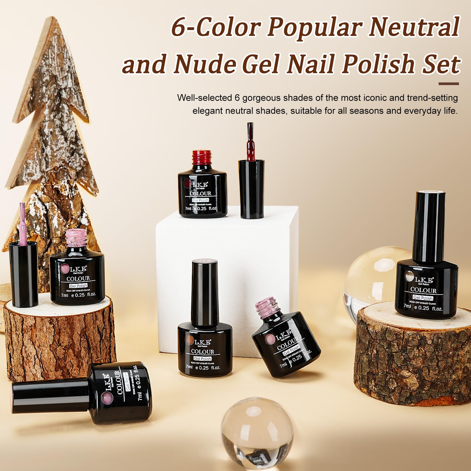 LKE Gel Nail Polish Set - 6 Colors Autumn Neutral Shades (Brown, Nude, Pink, Milky White) | Soak Off UV/LED Gel Polish Kit for Home DIY & Salon | Perfect for Fall Manicures, Nail Art Designs & Professional Nail Care
