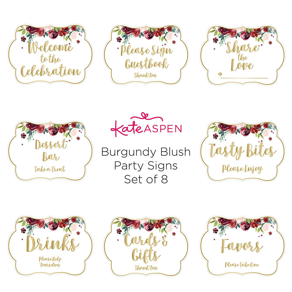 Burgundy Blush Floral Party Decor Sign Kit - Set of 8 Wedding & Baby Shower Decorations for Wall, Table, and Photo Backdrop