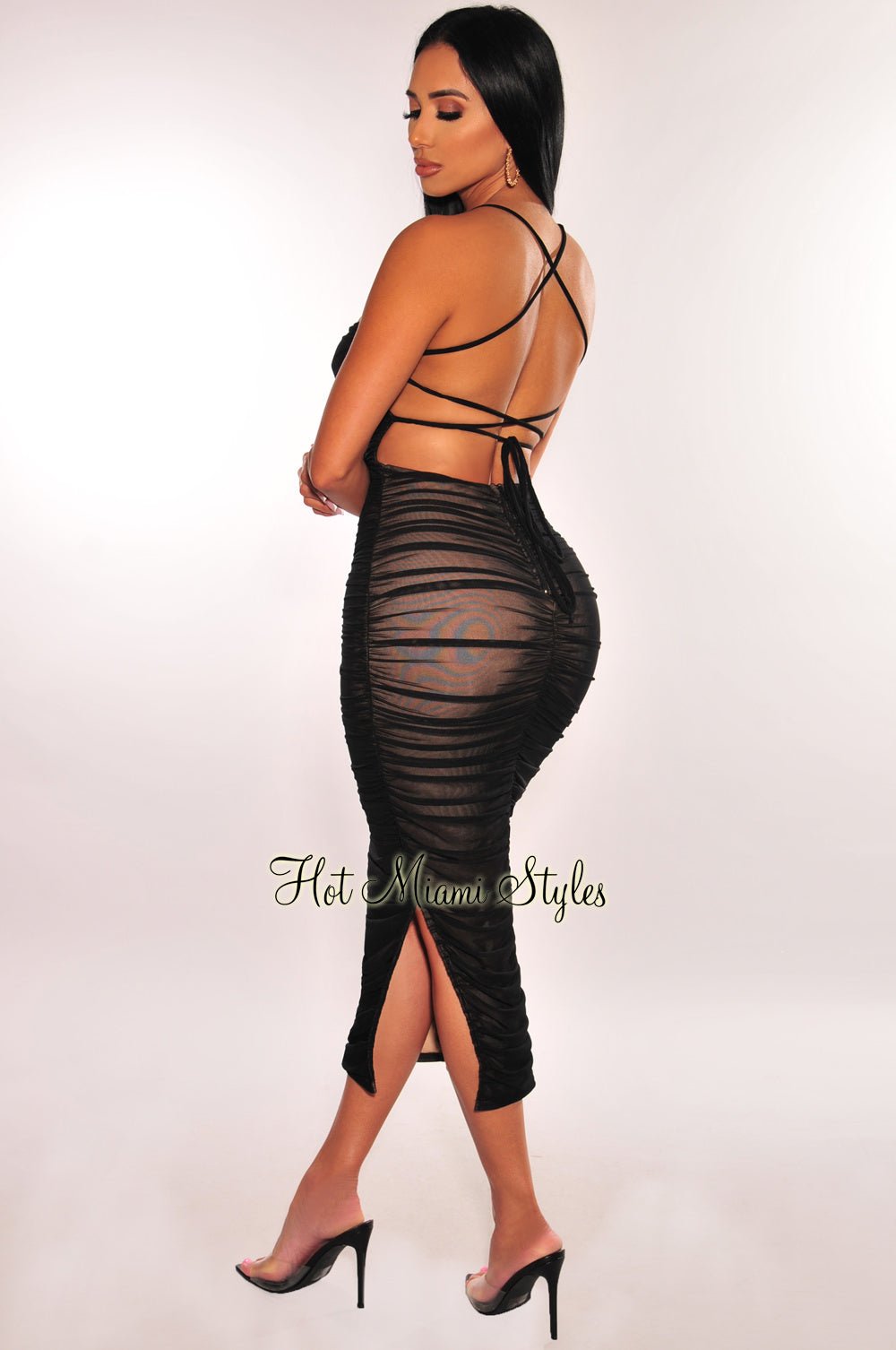 Black Nude Mesh Lace-Up Back Ruched Slit Midi Dress for Women - Elegant Bodycon Party & Evening Gown for Date Night, Clubwear, and Special Occasions