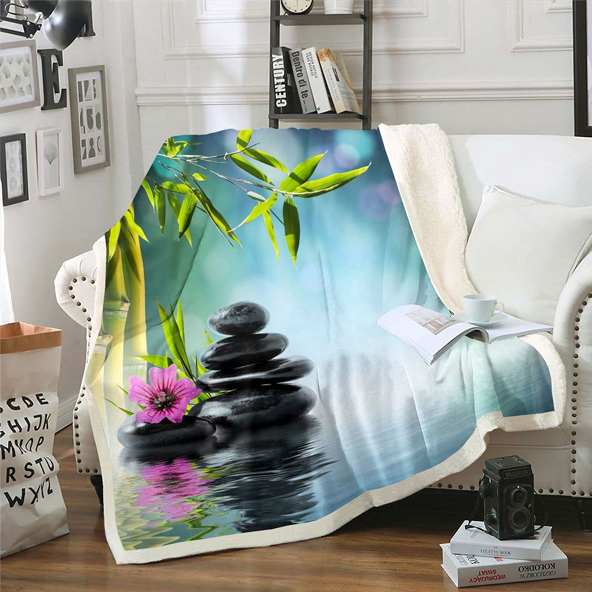 Chakra Fleece Throw Blanket - 50x60 Inches Soft Sherpa Plush Blanket for Kids & Adults, Bamboo Tree & Orchid Stones Design in Charcoal Grey & Lime Green - Perfect for Sofa, Bed, Couch, Dorm, Office & Travel