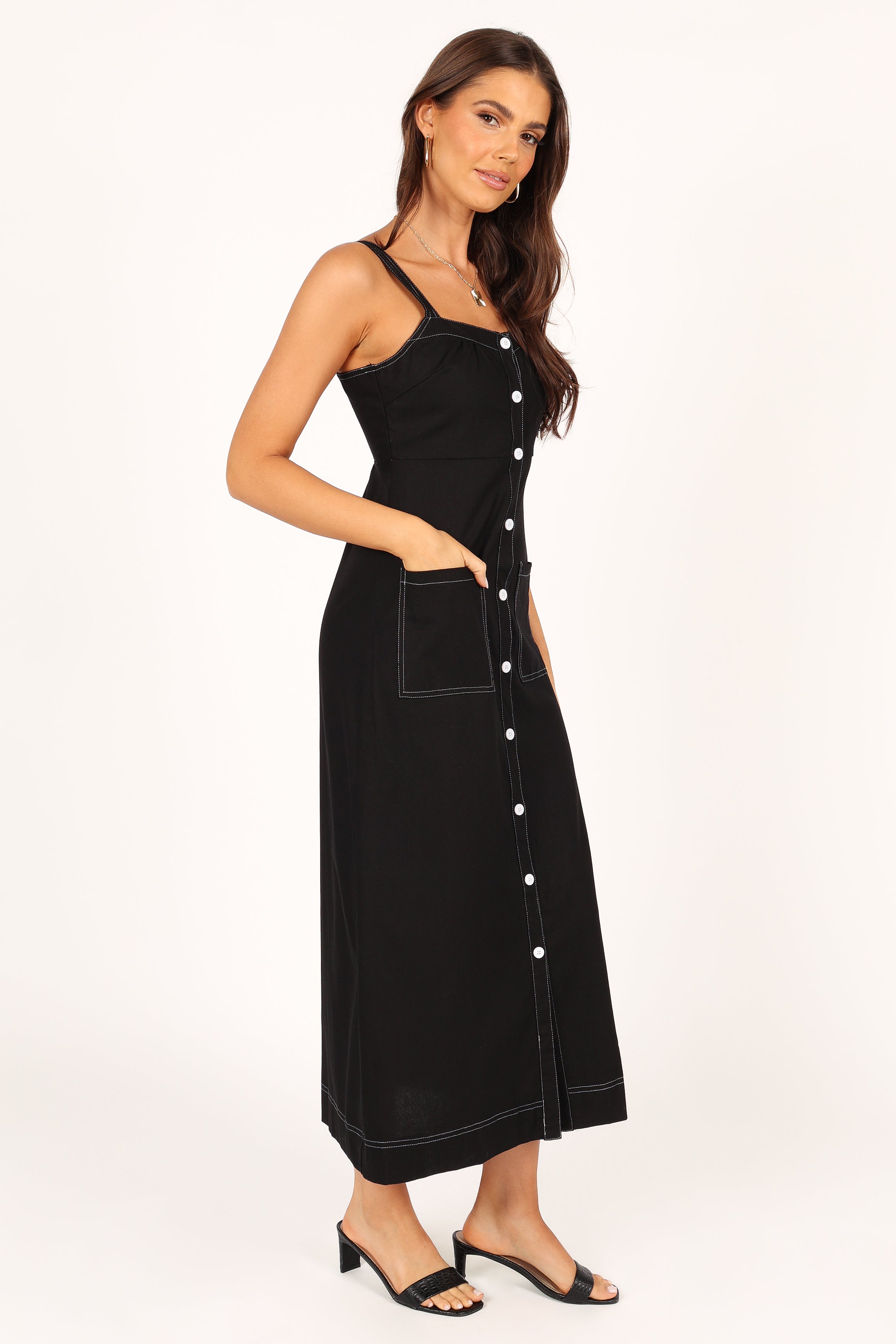 Stylish Estelle Contrast Stitch Midi Dress in Black - Perfect for Office Wear, Cocktail Parties & Date Nights