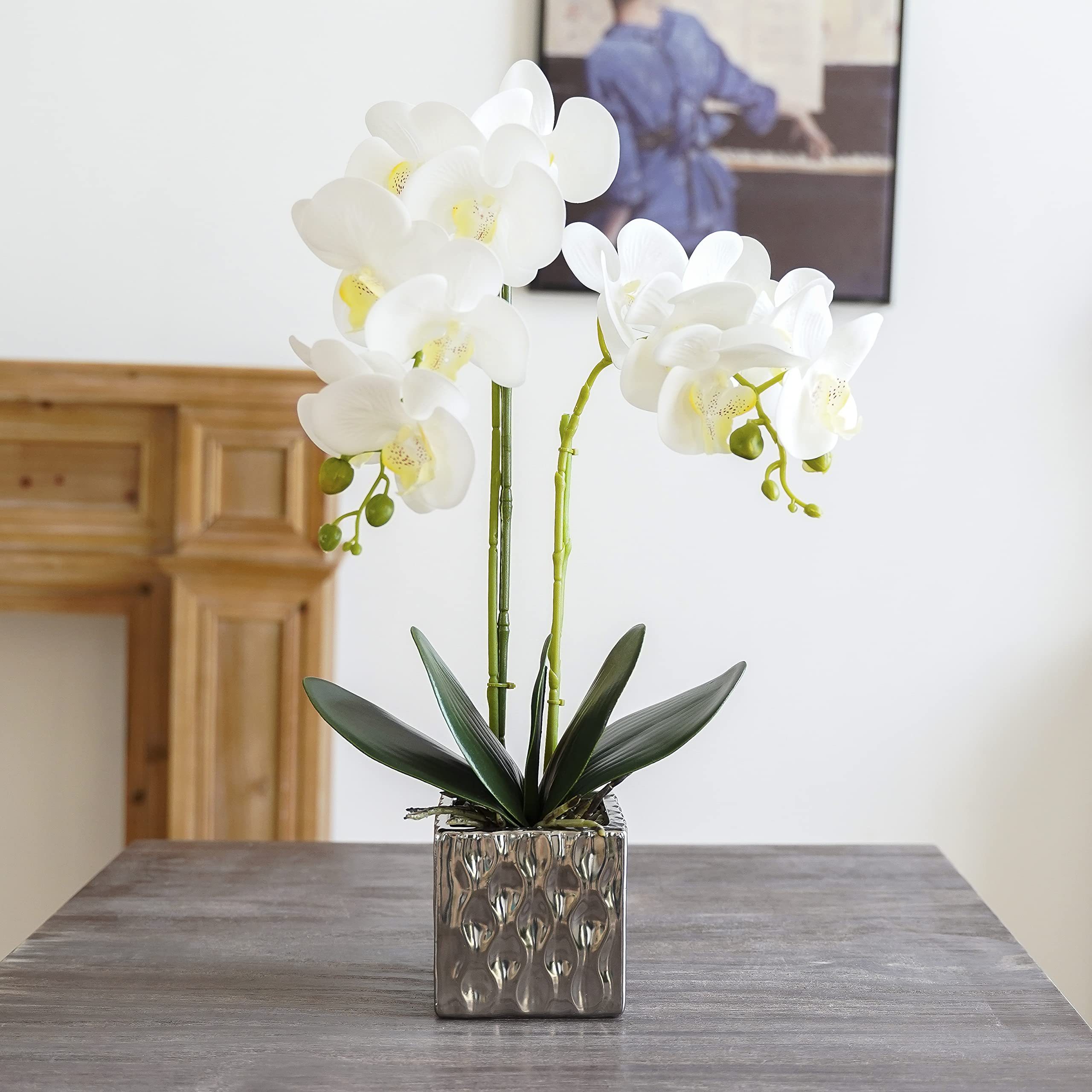 Artificial Orchids in Silver Vases - Elegant Fake Flower Arrangement for Home Decor (White) | Perfect for Living Room, Wedding Centerpiece & Office Decoration