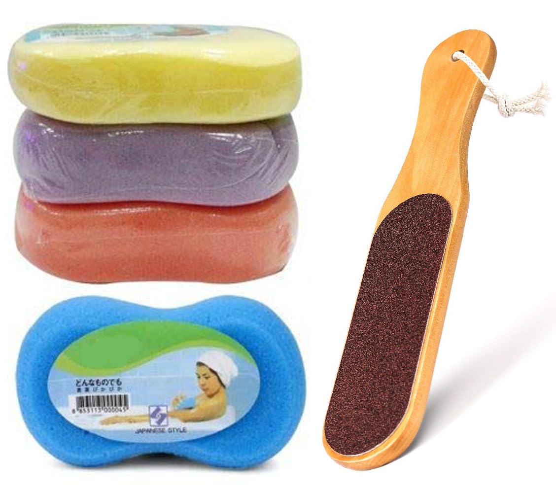 2-Pack Soft Exfoliating Foam Bath Sponges for Adults & Kids - Gentle Body Scrubber with Wooden Foot File - Perfect for Shower, Spa & Daily Skin Cleansing Routine