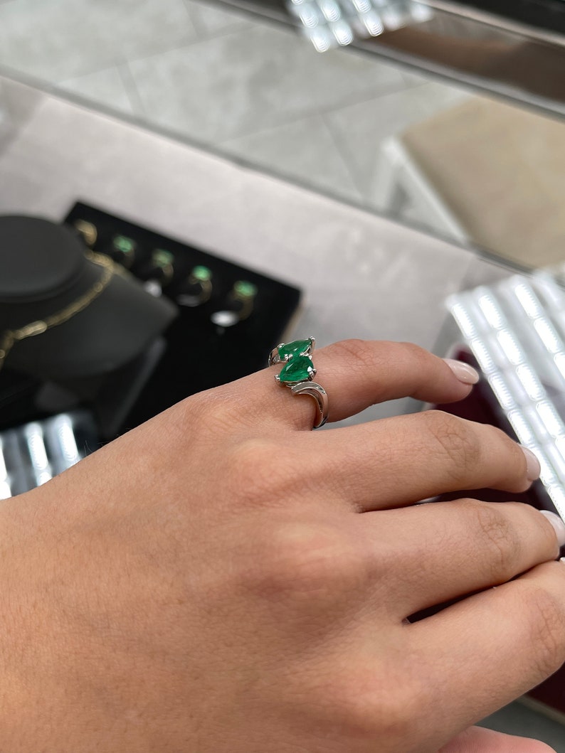1.70tcw Natural Emerald Pear Cut 14K White Gold Dual Statement Ring for Women - Elegant Jewelry Gift for Weddings, Anniversaries & Special Occasions