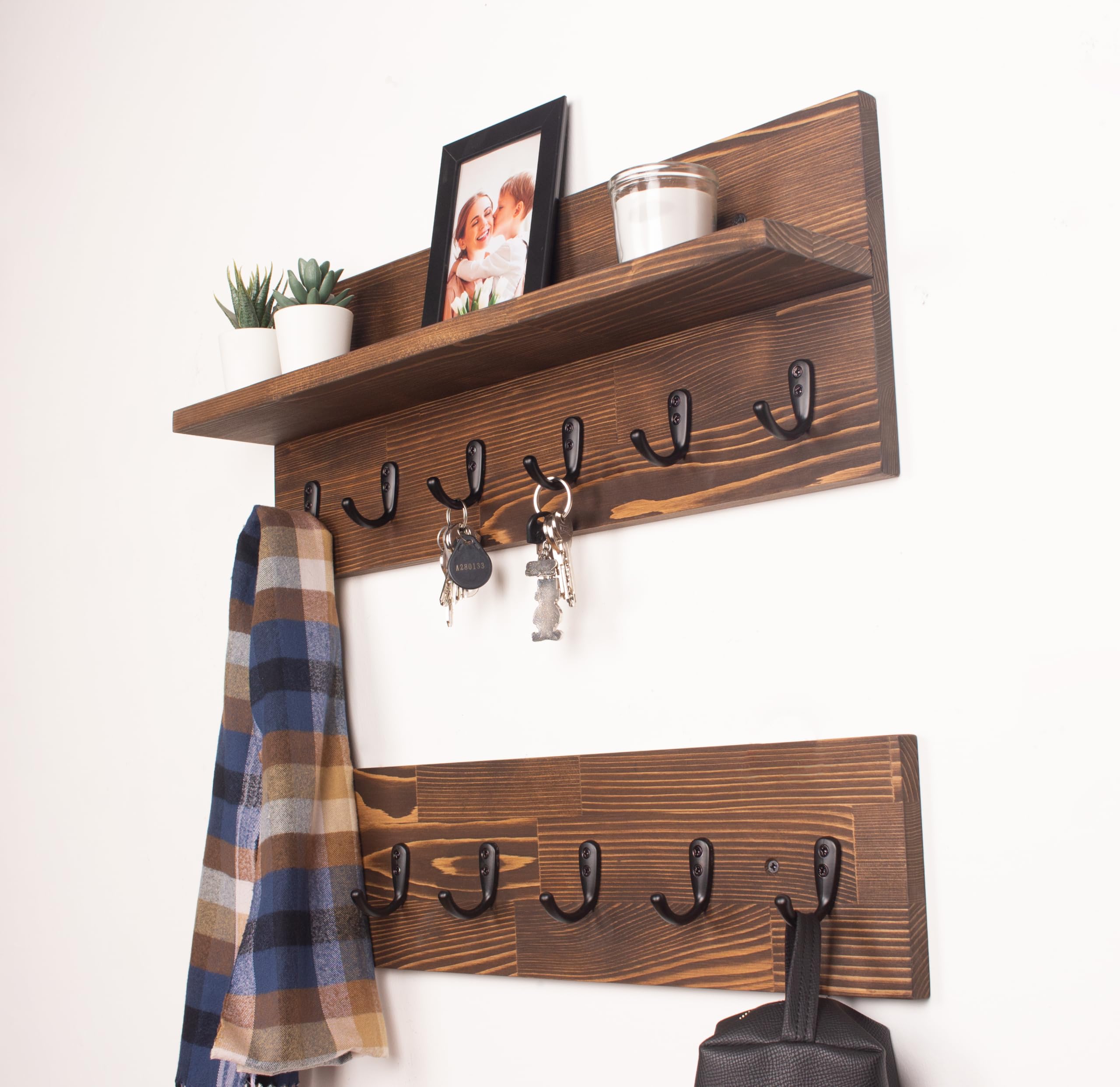 Wall Mounted Coat Rack with Floating Shelf - 24 Inch Rustic Wooden Entryway Organizer for Keys, Towels & Leashes (Set of 2 with 6 Hooks) - Perfect for Hallway, Mudroom & Bathroom Organization