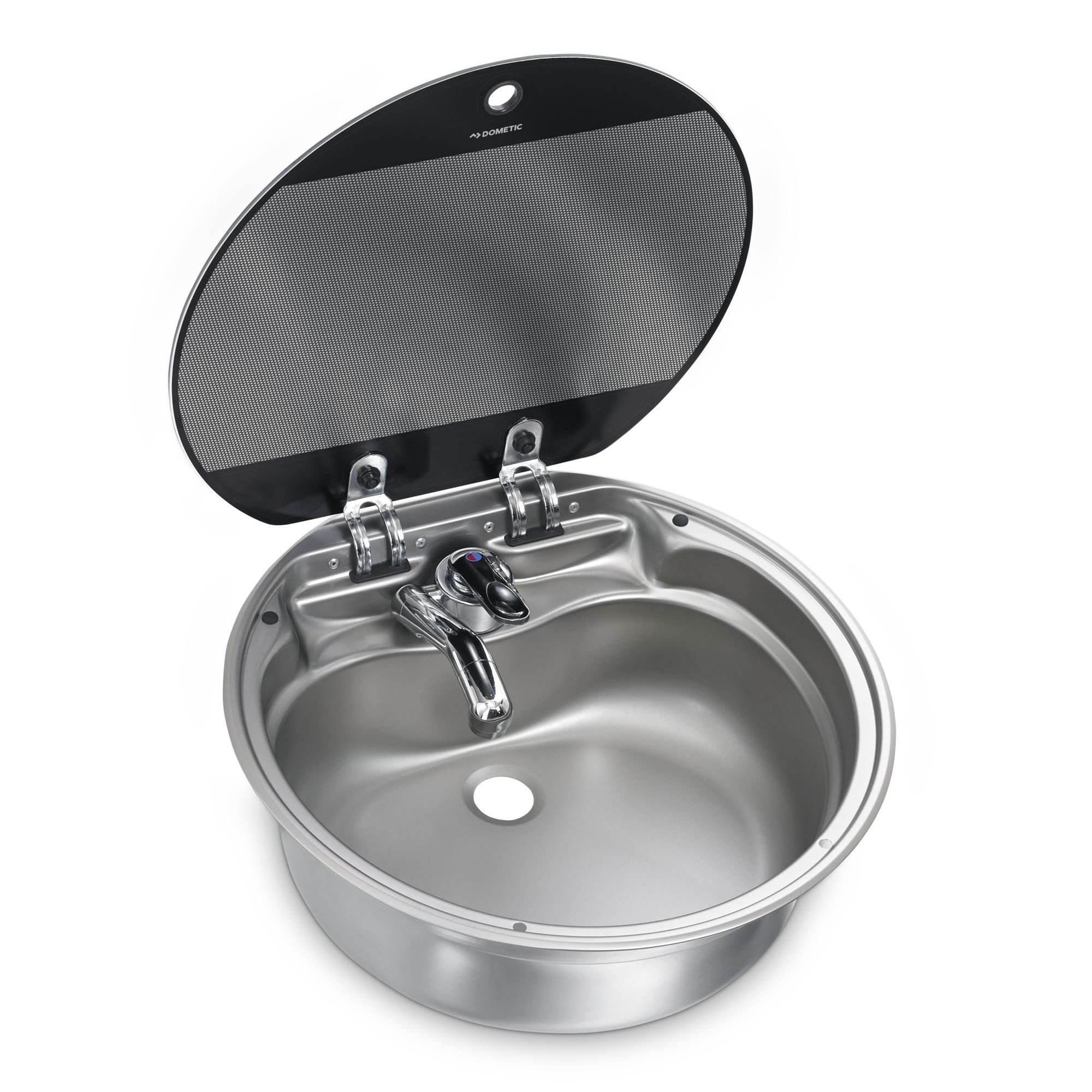 Dometic SNG 420 Round Stainless Steel Kitchen Sink with Tempered Glass Lid - 16.5 Inch Diameter for RV, Camper, Marine & Tiny House Use